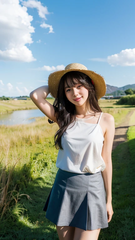 ((Whole body 1.4)),(highest quality,masterpiece:1.3,Ultra-high resolution),(Very detailed,Caustics,8k),(Realistic:1.4,RAW shooting),18-year-old,cute,Japanese,Straw hat,Black hair medium hair,(Strong winds:1.1),(Hair blowing in the wind:1.1),(White camisole),(mini skirt),(smile),Looking at the camera,blue sky,sun,Natural light,(overgrown with tall grass),(Green grassland:1.1),(Standing in the grass:1.1),