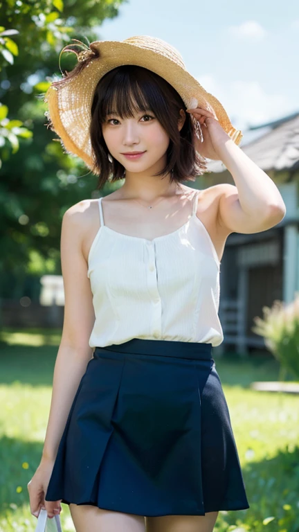 ((Whole body 1.4)),(highest quality,masterpiece:1.3,Ultra-high resolution),(Very detailed,Caustics,8k),(Realistic:1.4,RAW shooting),18-year-old,cute,Japanese,Straw hat,Black hair medium hair,(Strong winds:1.1),(Hair blowing in the wind:1.1),(White camisole),(mini skirt),(smile),Looking at the camera,blue sky,sun,Natural light,(overgrown with tall grass),(Green grassland:1.1),(Standing in the grass:1.1),