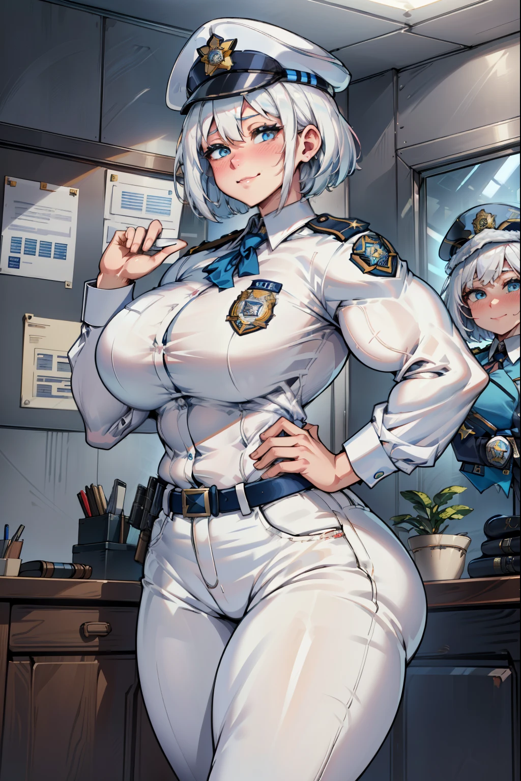 hyper muscles, (extremely detailed CG unity 4k wallpaper),(masterpiece),(best quality),(ultra-detailed),(best illustration),(best shadow),(absurdres),(Detailed background), White hair (Bobcut), Tall, pale skin, Blue eyes, Police Officer uniform (Pants, Shirt, Hat, Badge,), contemporary aesthetic, police station office background, Close up, Shy smile, Blushing,