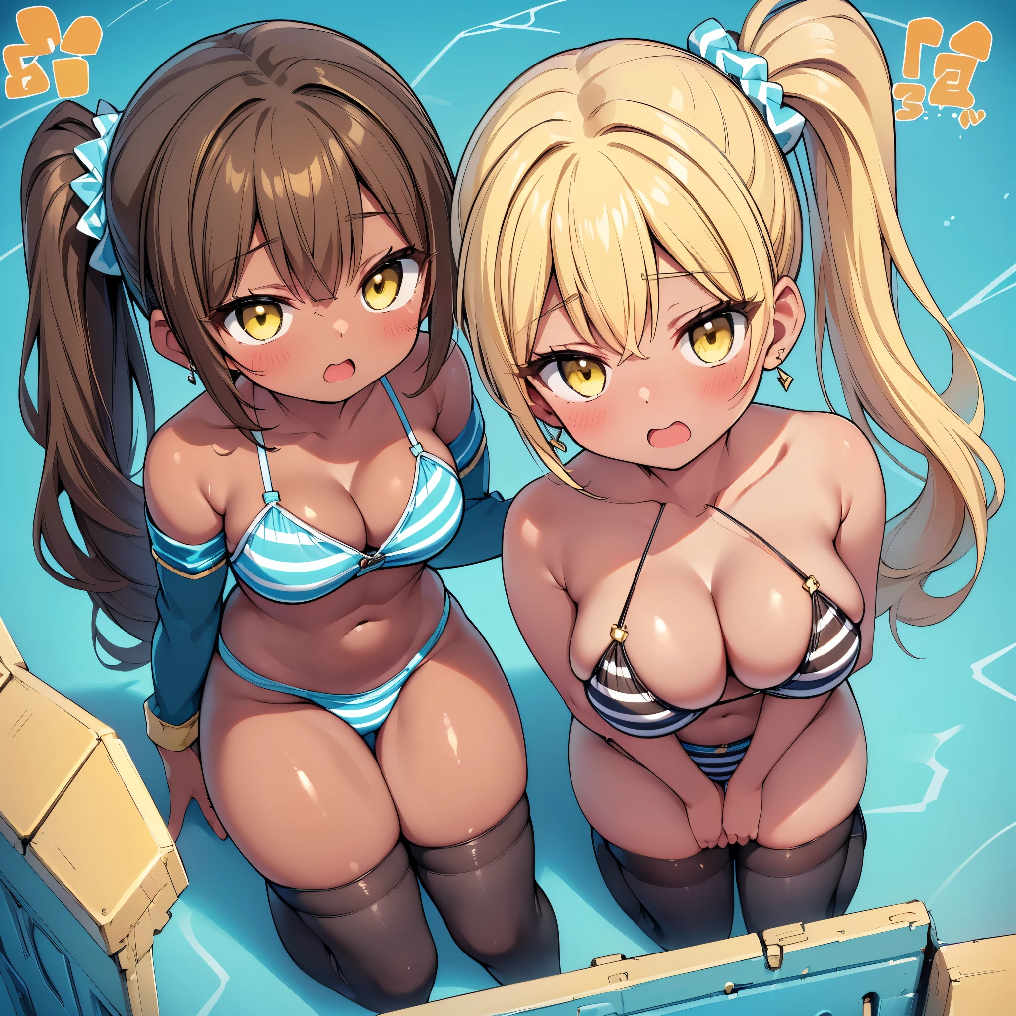 (8K、Best image quality、highest quality、masterpiece)、Detailed face、(2 girls)、Improve、((Brown Skin:1.3))、blonde、Low Ponytail、Scrunchie、Yellow Eyes、Earrings, (glamorous:1.1), (huge breasts:), (Light blue striped micro bikini:1.2), Classroom Background, (open mouth), (embarrassed), (black stockings:1.2), (Thighs:1.2), (Waistline), (from above:2)