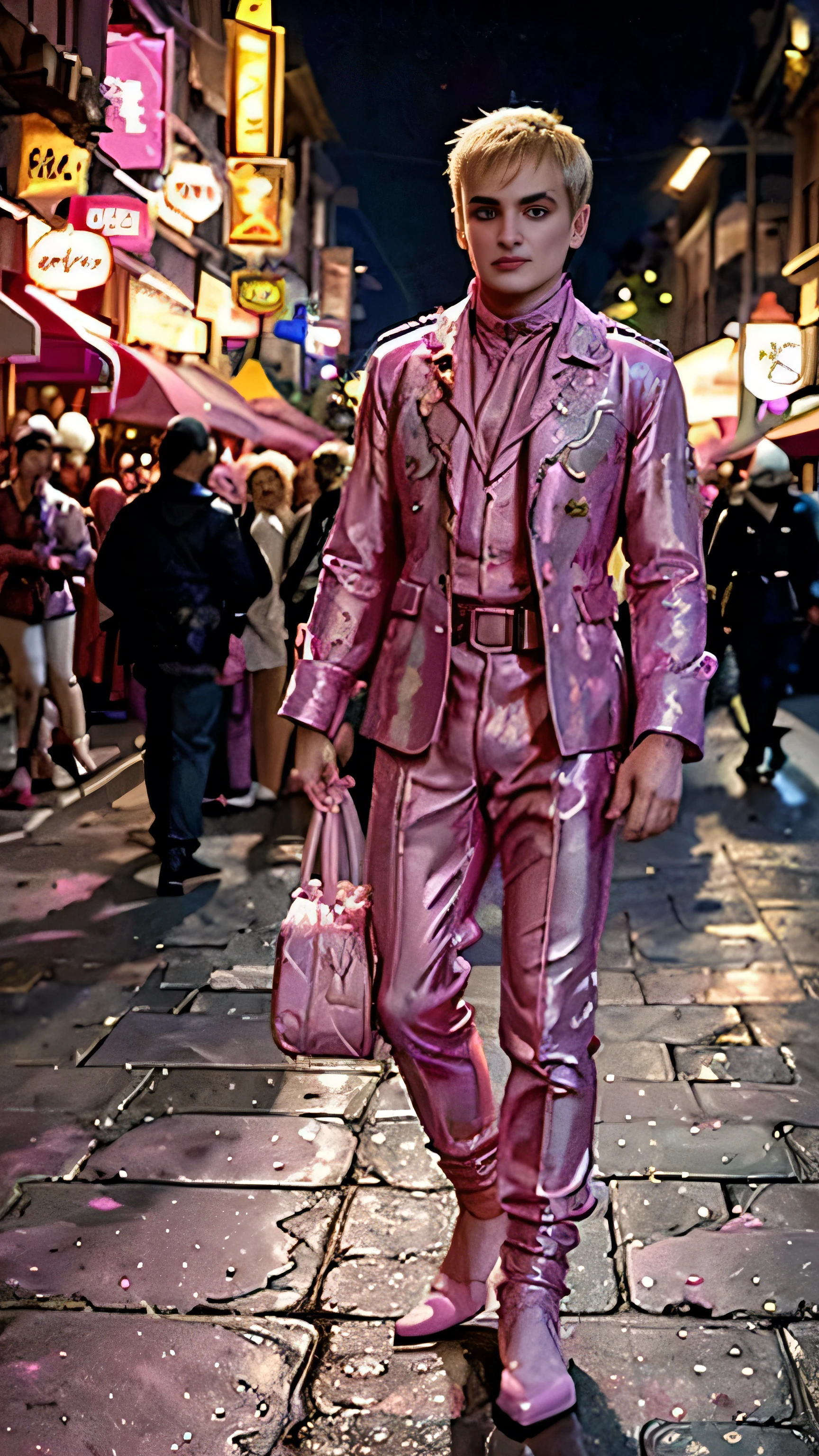 Jack Gleeson as Joffrey Baratheon, pink suit, pink shoes, standing, in a street, rainbow, (1man), (solo), (full body view), beautiful detailed glow, detailed, cinematic light, intricate detail, realistic, highres, detailed facial features, high detail, sharp focus, smooth, aesthetic, extremely detailed, stamp, octane render