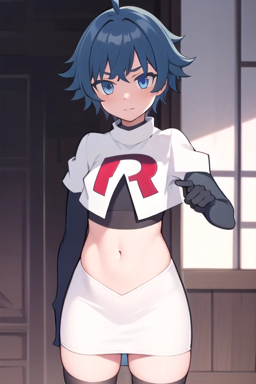 masterpiece, absurdres, male focus, trap, crossdressing,1boy,  chongyun,blue hair, ahoge,blue eyes, team rocket,team rocket uniform,white skirt,red letter R,crop top,black thigh-highs,black elbow gloves