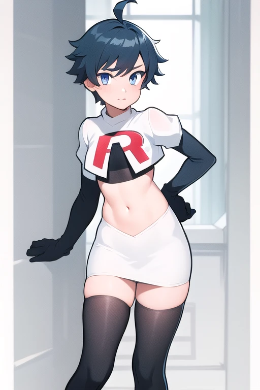 masterpiece, absurdres, male focus, trap, crossdressing,1boy,  chongyun,blue hair, ahoge,blue eyes, team rocket,team rocket uniform,white skirt,red letter R,crop top,black thigh-highs,black elbow gloves