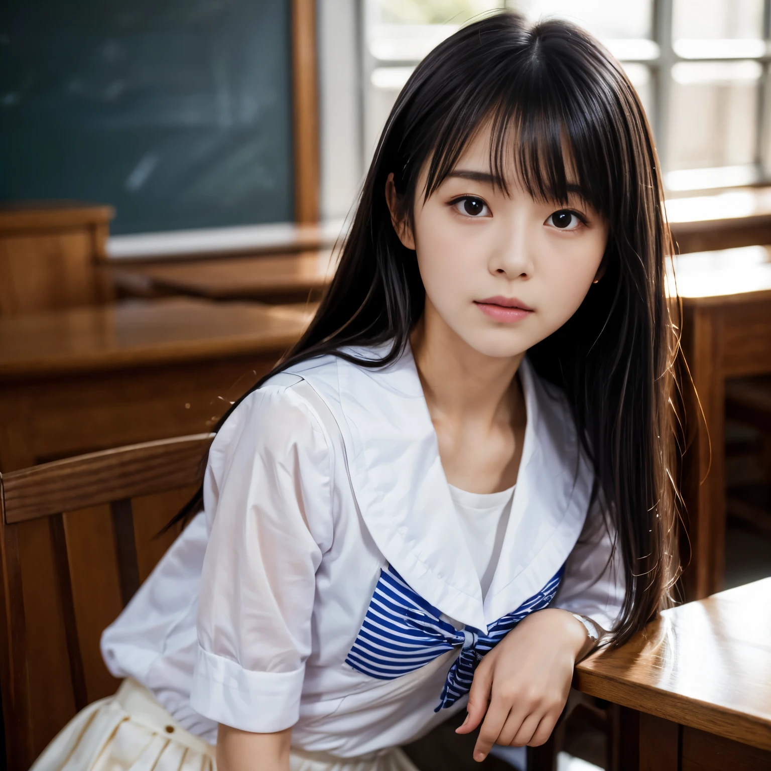 (highest quality,8K quality,masterpiece:1.3),(超A high resolution,Photorealistic:1.4,RAW Photos),(Very detailed,Caustics,Detailed Background),(Ultra-Realistic Capture,Fine and beautiful skin,Perfect Anatomy),Japanese Girl, School classroom,16 years old,　(Cute face),　Idol Style, Black Hair, Beauty,Mid-length straight tote hair, Female student, 　 Sailor , looking at the camera,　Bust up shot,Natural soft light, portrait