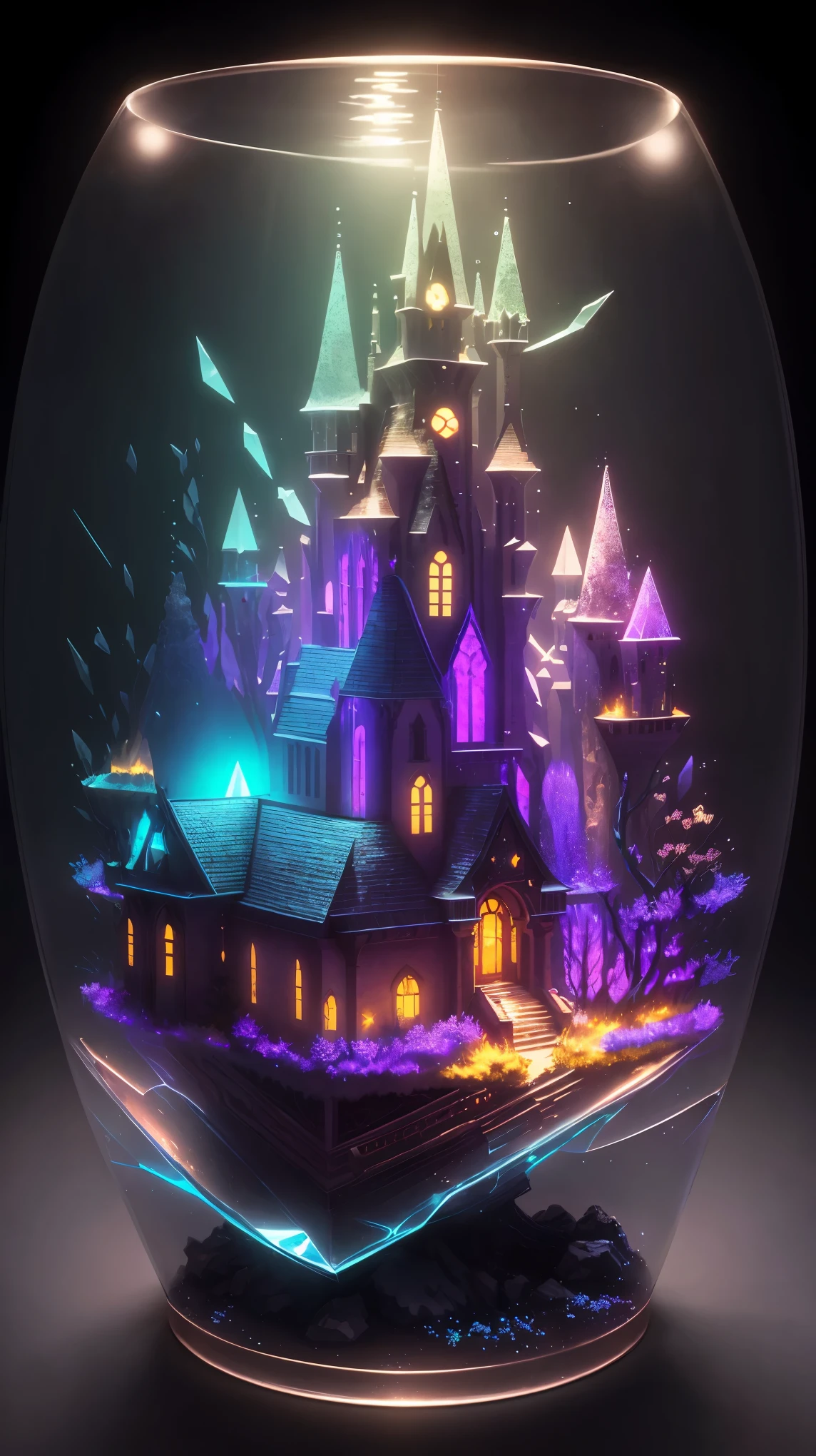 (high quality, 8k, 4K, High Contrast, masterpiece:1.2, 最high quality, Best aesthetics), Glass Castle, Crystal Castle, Very delicate and beautiful, Fantasy, Glittering glass, Transparent, Transparency, Ethereal glow, Bright colors, Dreamy atmosphere, Fantasy setting, Surreal elements, fairy tale atmosphere.
