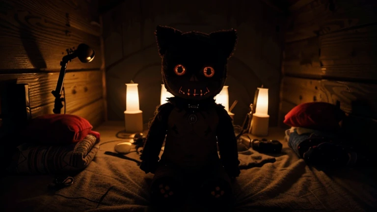 Generate an image of a voodoo doll in a cabin at night, with a mysterious and dark atmosphere. The scene should be perfect for a YouTube thumbnail that will capture viewers&#39; attention and intrigue them..