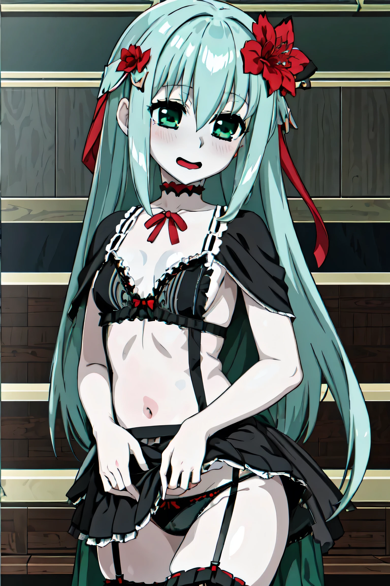 1 girl、Silver Hair、Pale skin、Long Hair、Red flower hair ornament、Emerald green eyes、Small breasts、Gothic ta Clothing、、High resolution、highest quality、Anime Moe Art Style、Cowboy Shot、、Anime Best Girl, Cute Anime Girl、lingerie、panties、Skirt flip、Self Lift、Groin、stomach