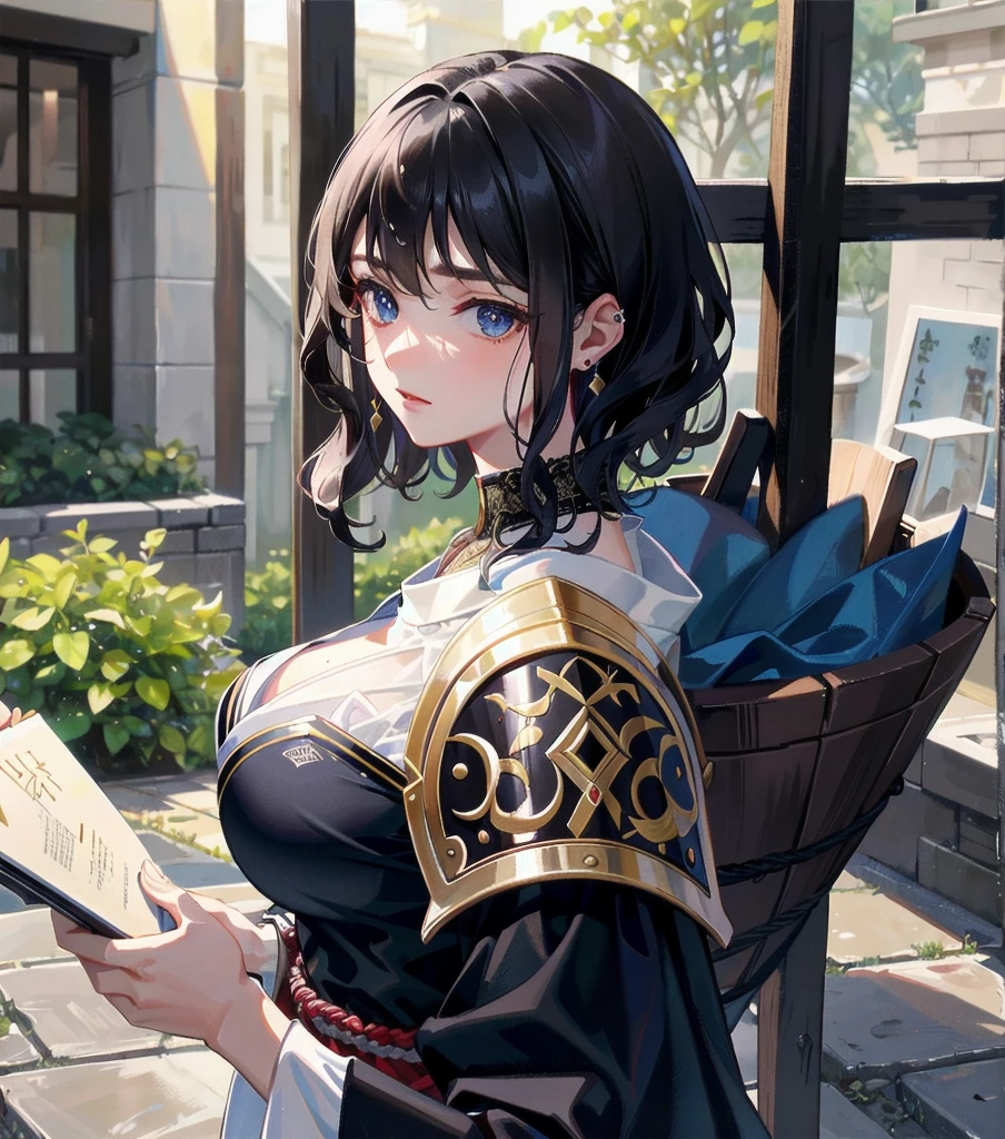 masterpiece, best quality, extremely delicate and beautiful, ultra-detailed, high-resolution, 20 years old, detailed beautiful face, tearful mole, earring, very huge round breasts, short medium hair, wavy hair, wet clothes, full body shot, alone, (assassin), kimono, (armor),