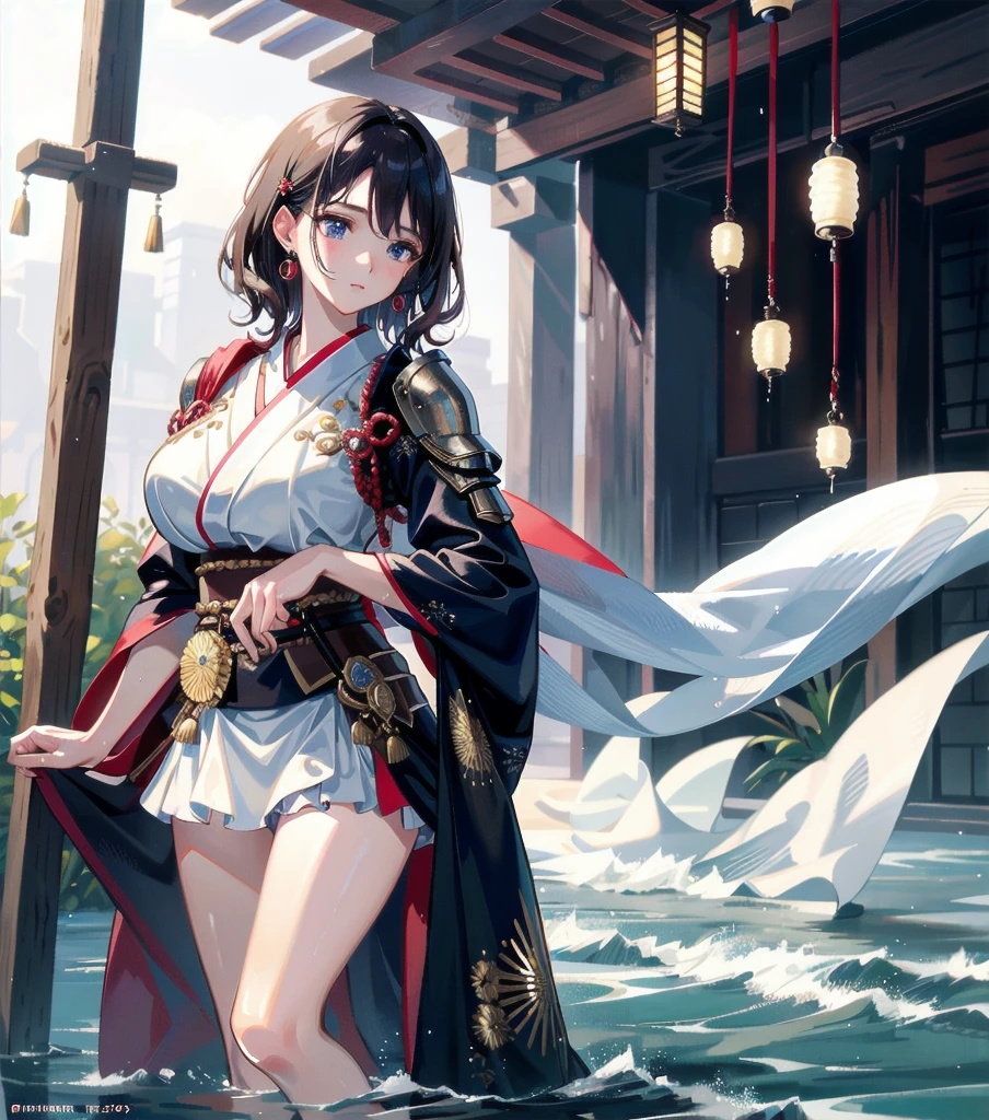 masterpiece, best quality, extremely delicate and beautiful, ultra-detailed, high-resolution, 20 years old, detailed beautiful face, tearful mole, earring, very huge round breasts, short medium hair, wavy hair, wet clothes, full body shot, alone, (assassin), kimono, (armor),