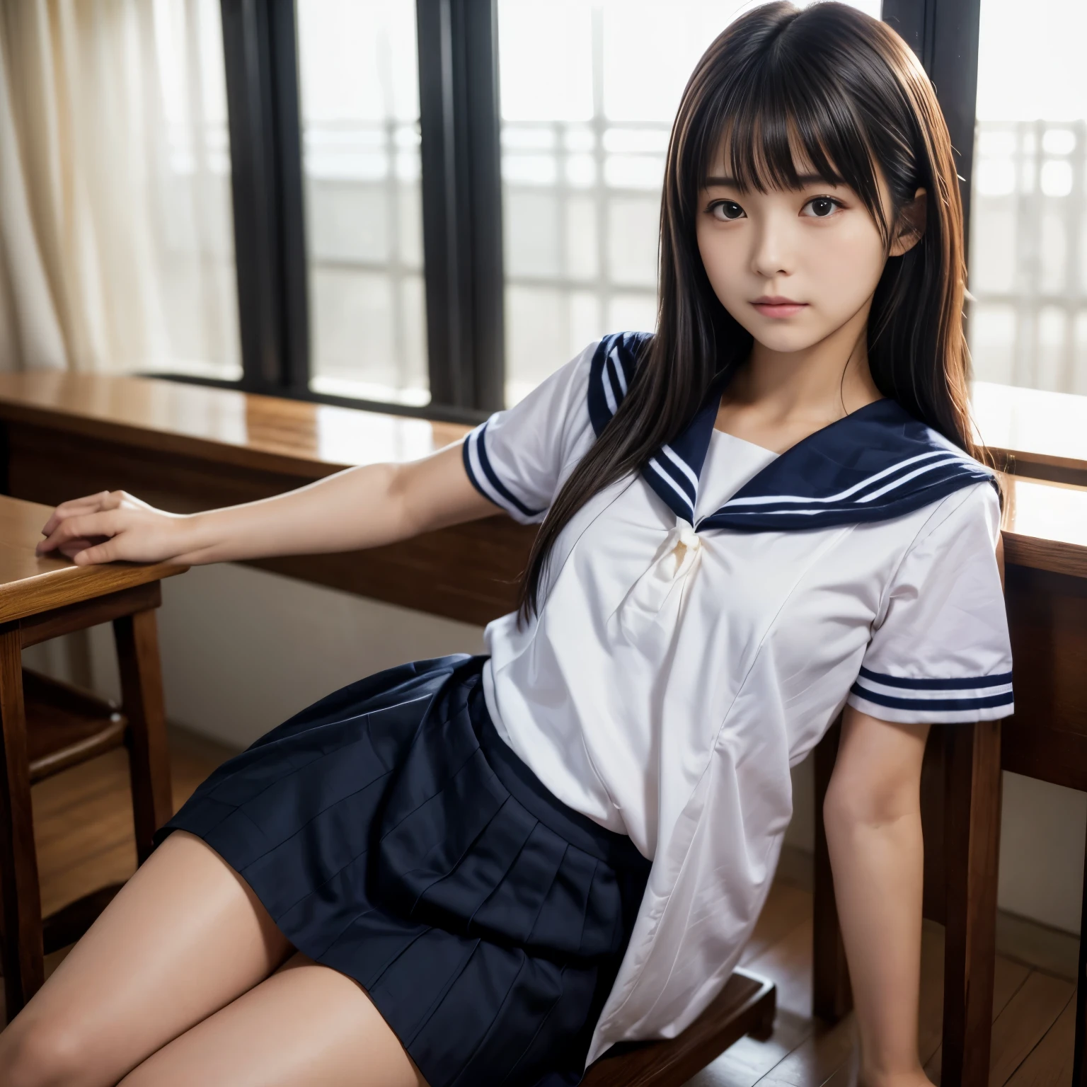 (highest quality,8K quality,masterpiece:1.3),(超A high resolution,Photorealistic:1.4,RAW Photos),(Very detailed,Caustics,Detailed Background),(Ultra-Realistic Capture,Fine and beautiful skin,Perfect Anatomy),Japanese Girl, School classroom,, (Cute face), Idol Style, Black Hair, Beauty,Mid-length straight tote hair, Female student, Sailor , looking at the camera, Bust up shot,Natural soft light, portrait