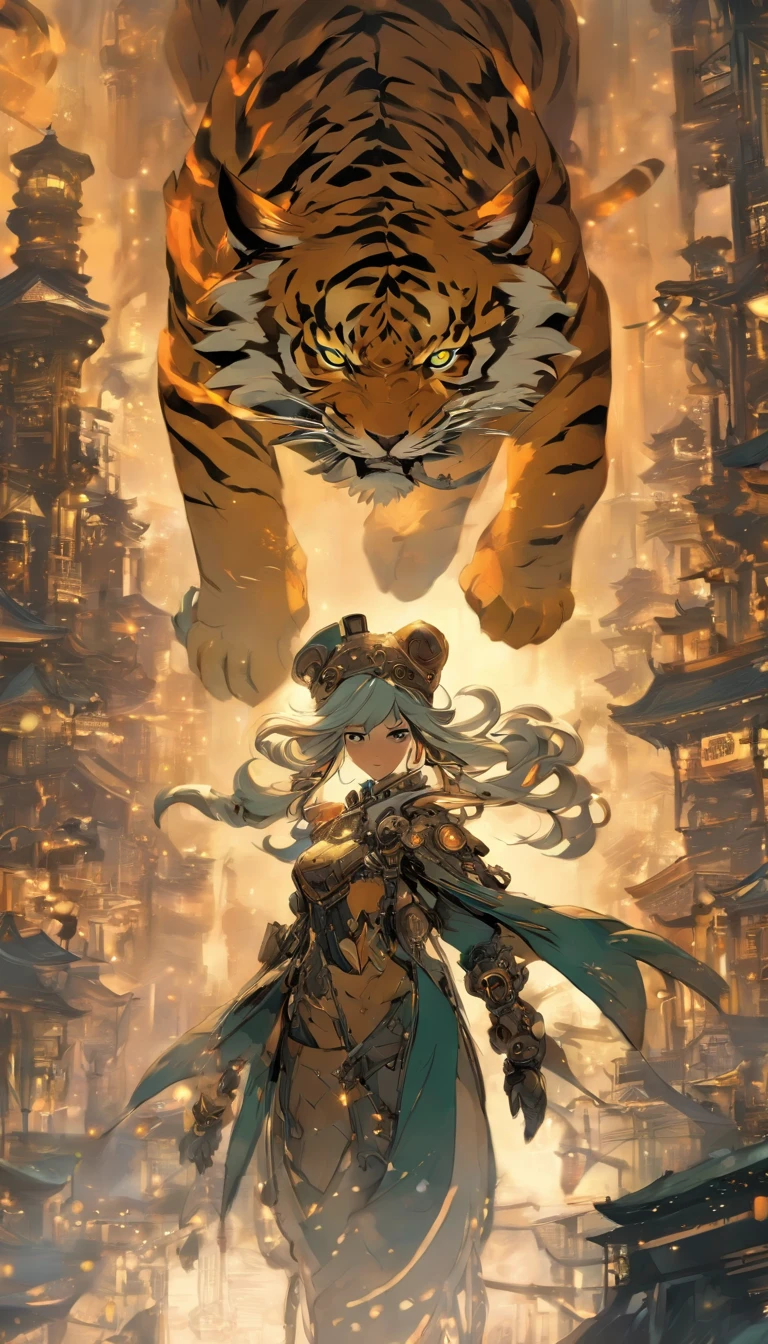 Chinese ink style,Steampunk world,Tiger-shaped steampunk warframe girl,Jet steam is suspended in the city air,Ink animation art,Ink comic art,water ink,ink,Smudge,8K,Delicately portrayed,Works of masters,Black and white tones