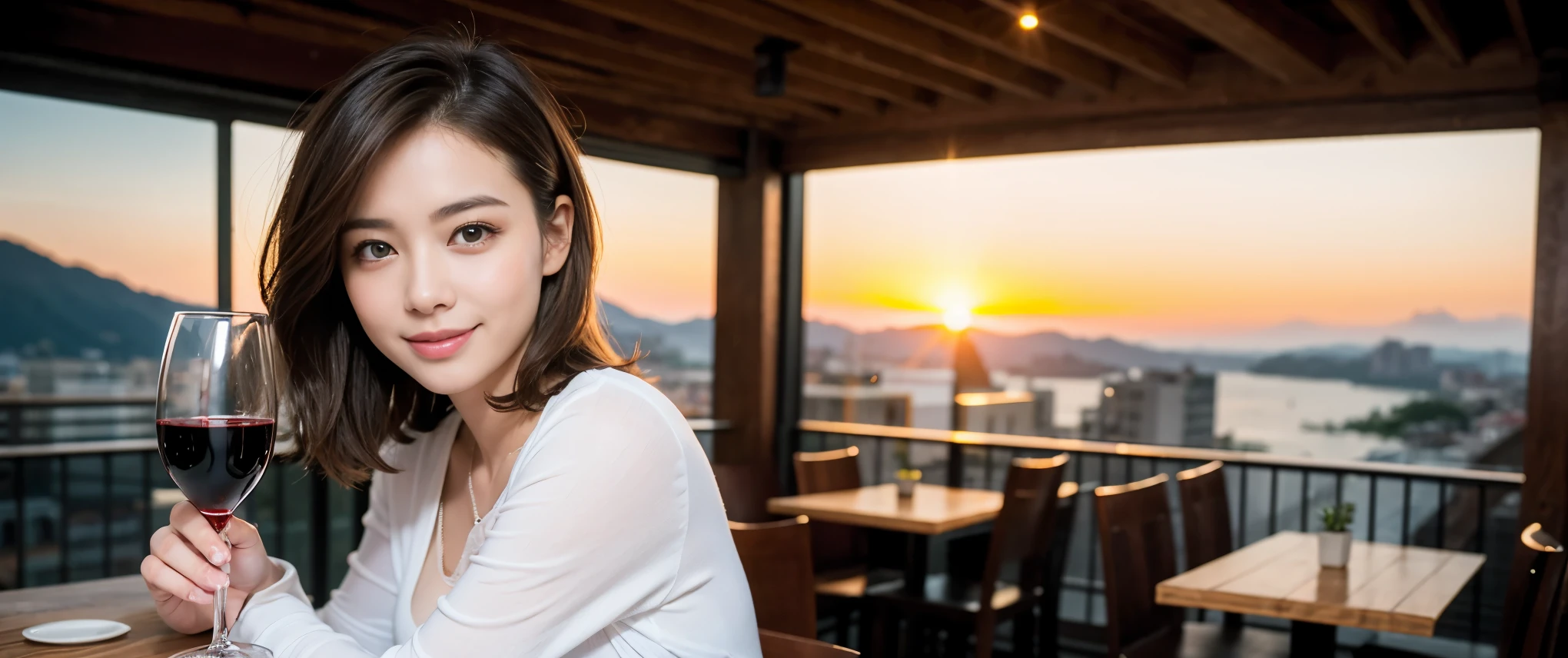 ((highest quality、8k、masterpiece:1.3))、Sharp focus:1.2、Beautiful woman perfect body:1.4、slimなボディ、((Bob Hale、Straight hair:1.2))、(to be born, highest quality, masterpiece:1.5), (Realistic, Intricate details:1.2), Ultra-high resolution, Amazing view of the sunset sky and clouds、Amazing mountain views、ニコニコ明るいsmile、smileの素敵な女性、Bright image、2. The beauty of wine, Beautiful Face, blue eyes, The light shines on your face, Blushing, short hair,Bright Face、Fox face、 (42 years old), 39 years old, Lady、red wine 、Appetizers、Italian food、Wine bottle、Champagne、sparkling wine、Two beauties、Brown Hair、Shortcuts、Long sleeve shirt、dress、Pretty Woman 1, (slimな顔), (The body is slim), (Brown Hair), (Shortcuts), cheeks turn a little red,Attractive beauty、, Out of the window, A beautiful and detailed night view unfolds.........., restaurant, In a prominent place (From the waist up) Nova Frog Style, actress, model, Upper Body, White wine, slim, wine glass, 真ん中に置かれたwine glass, smile, (smile: 1.15), Beautiful fine grain, Depth f/2,saturation, High Contrast, Strong light and shadow,Moist Body:1.5、3D texture、Delicate eyes、Brown Hair、The hair is very shiny、