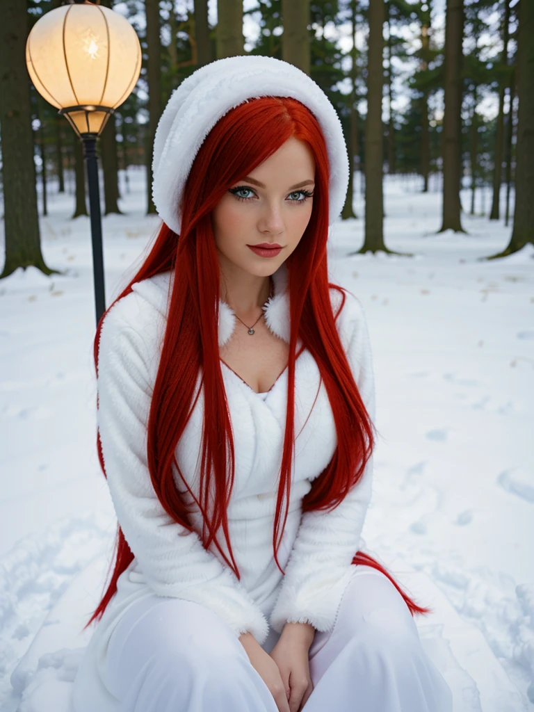 here is a woman with red hair and a white dress sitting in the snow, very long snow colored hair, a sorceress casting a ice ball, in snow, girl under lantern, in the snow, only snow i the background, red haired goddess, with red hair, inspired by Anne Stokes, pale snow white skin, editorial photograph, perfect lighting in a snow storm