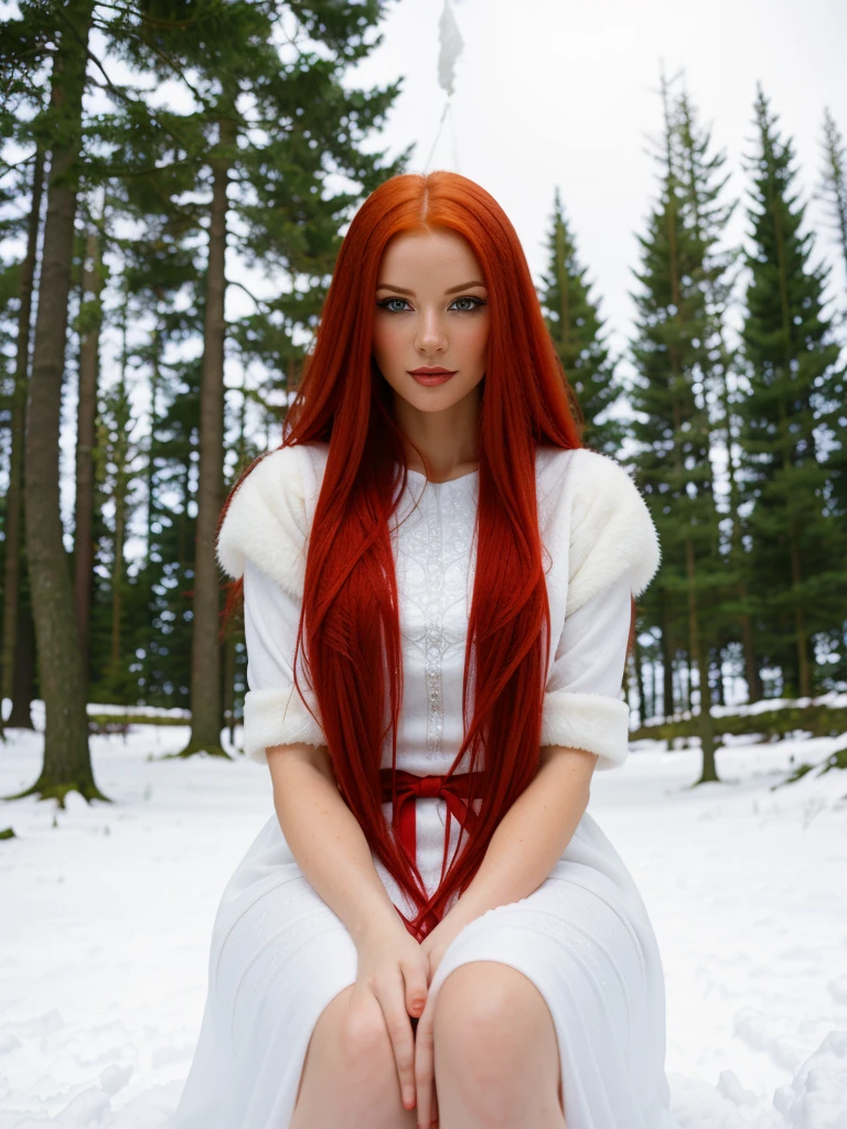 here is a woman with red hair and a white dress sitting in the snow, very long snow colored hair, a sorceress casting a ice ball, in snow, girl under lantern, in the snow, only snow i the background, red haired goddess, with red hair, inspired by Anne Stokes, pale snow white skin, editorial photograph, perfect lighting in a snow storm