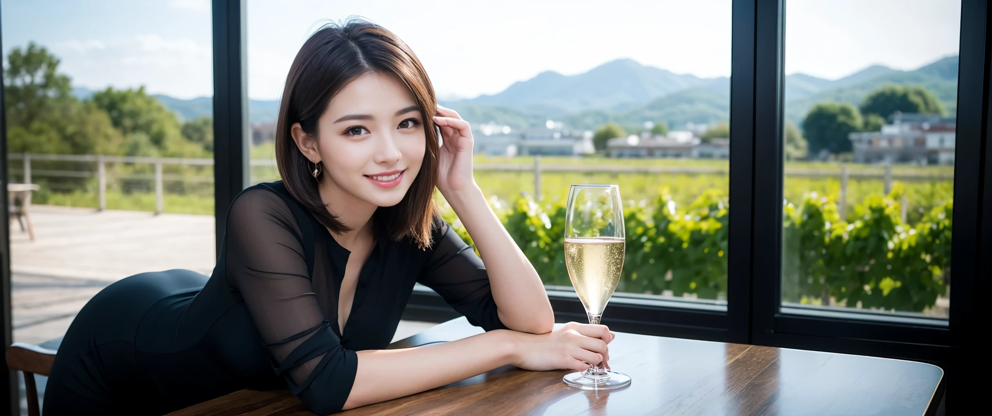 ((highest quality、8k、masterpiece:1.3))、Sharp focus:1.2、Beautiful woman perfect body:1.4、slimなボディ、((Bob Hale、Straight hair:1.2))、(to be born, highest quality, masterpiece:1.5), (Realistic, Intricate details:1.2), Ultra-high resolution, Amazing view of the sunset sky and clouds、Amazing mountain views、ニコニコ明るいsmile、smileの素敵な女性、Bright image、2. The beauty of wine, Beautiful Face, blue eyes, The light shines on your face, Blushing, short hair,Bright Face、Fox face、 (42 years old), 39 years old, Lady、red wine 、Appetizers、Italian food、Wine bottle、Champagne、sparkling wine、Two beauties、Brown Hair、Shortcuts、Long sleeve shirt、dress、Pretty Woman 1, (slimな顔), (The body is slim), (Brown Hair), (Shortcuts), cheeks turn a little red,Attractive beauty、, Out of the window, A beautiful and detailed night view unfolds.........., restaurant, In a prominent place (From the waist up) Nova Frog Style, actress, model, Upper Body, White wine, slim, wine glass, 真ん中に置かれたwine glass, smile, (smile: 1.15), Beautiful fine grain, Depth f/2,saturation, High Contrast, Strong light and shadow,Moist Body:1.5、3D texture、Delicate eyes、Brown Hair、The hair is very shiny、
