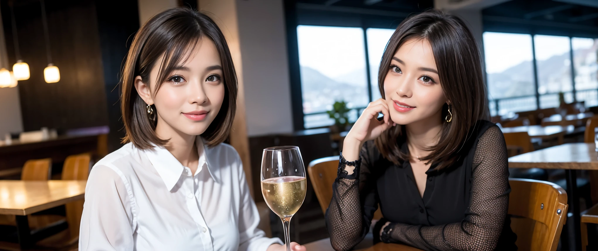 ((highest quality、8k、masterpiece:1.3))、Sharp focus:1.2、Beautiful woman perfect body:1.4、slimなボディ、((Bob Hale、Straight hair:1.2))、(to be born, highest quality, masterpiece:1.5), (Realistic, Intricate details:1.2), Ultra-high resolution, Amazing view of the sunset sky and clouds、Amazing mountain views、ニコニコ明るいsmile、smileの素敵な女性、Bright image、2. The beauty of wine, Beautiful Face, blue eyes, The light shines on your face, Blushing, short hair,Bright Face、Fox face、 (42 years old), 39 years old, Lady、red wine 、Appetizers、Italian food、Wine bottle、Champagne、sparkling wine、Two beauties、Brown Hair、Shortcuts、Long sleeve shirt、dress、Pretty Woman 1, (slimな顔), (The body is slim), (Brown Hair), (Shortcuts), cheeks turn a little red,Attractive beauty、, Out of the window, A beautiful and detailed night view unfolds.........., restaurant, In a prominent place (From the waist up) Nova Frog Style, actress, model, Upper Body, White wine, slim, wine glass, 真ん中に置かれたwine glass, smile, (smile: 1.15), Beautiful fine grain, Depth f/2,saturation, High Contrast, Strong light and shadow,Moist Body:1.5、3D texture、Delicate eyes、Brown Hair、The hair is very shiny、
