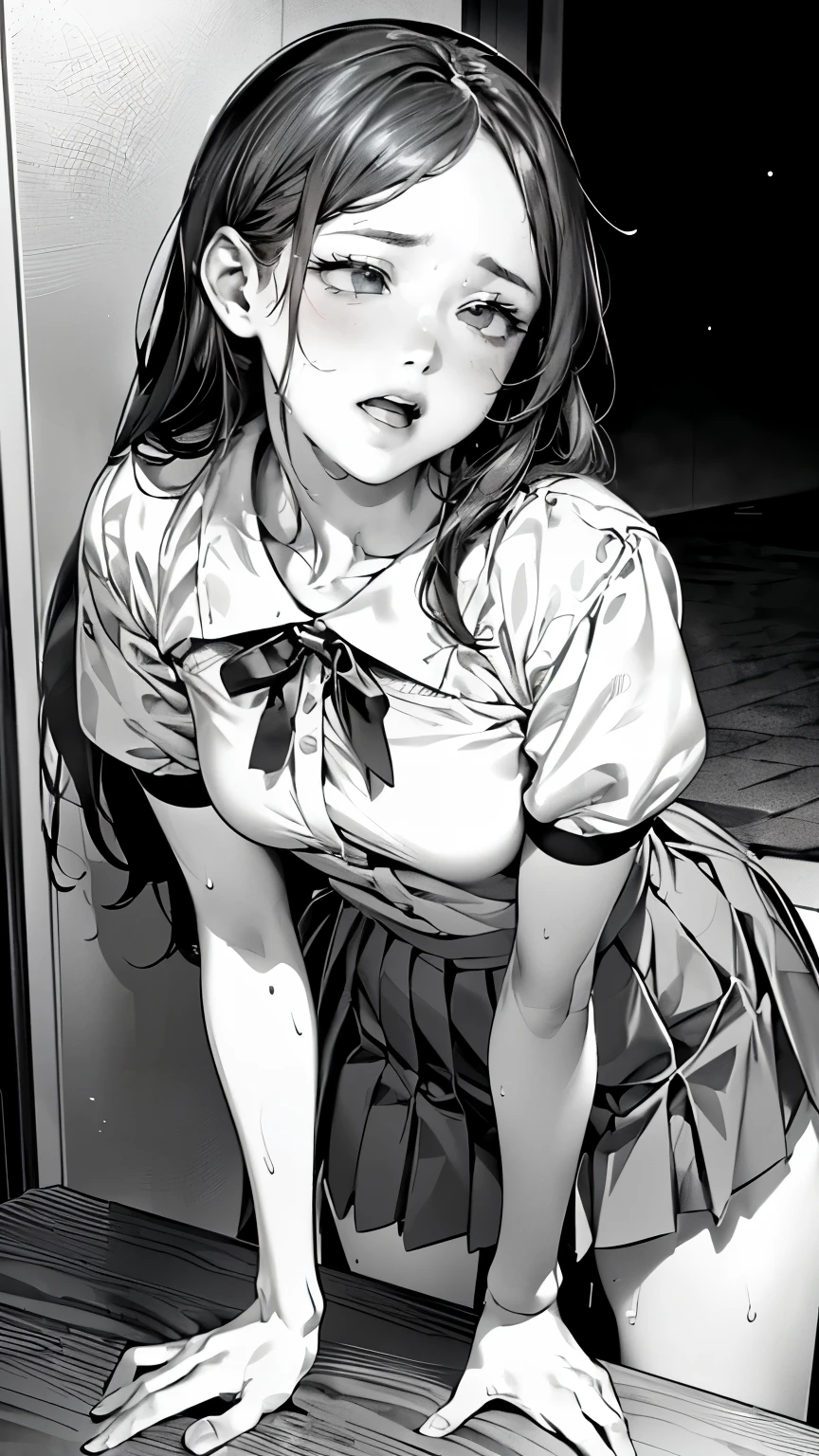 (depicting a single moment from a manga for adults), ((manga-style line art background)), ((pleated skirt, round face, eyes with realistic sizing, drooping eyes, blush, sweat, shame smile, thin lips, spread legs)), (((standing to hit her crotch the corner of the table, orgasm))), open mouth, on the sidewalk, terrace table,