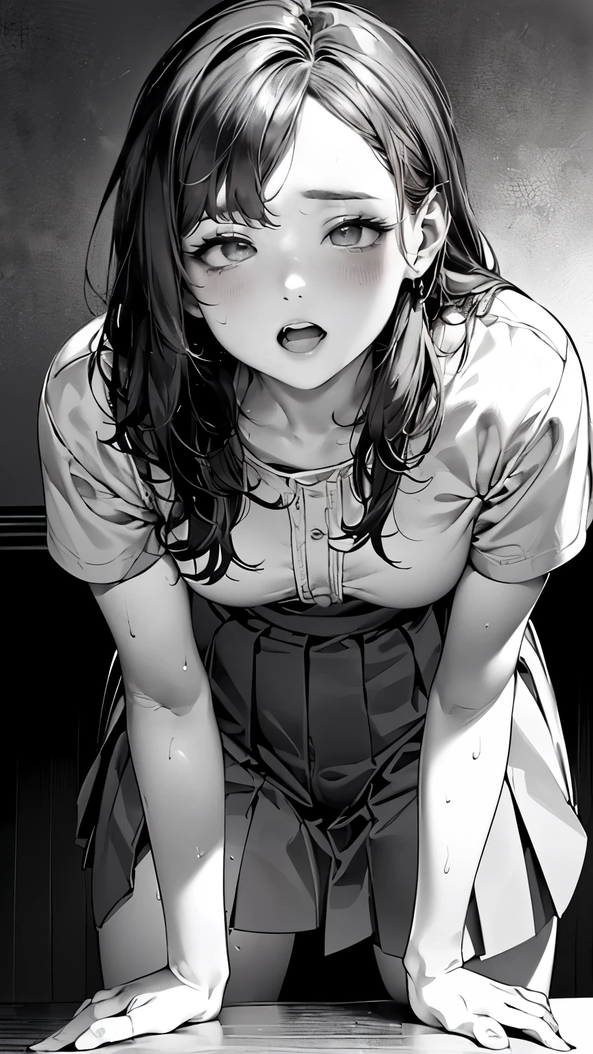 (depicting a single moment from a manga for adults), ((manga-style line art background)), ((pleated skirt, round face, eyes with realistic sizing, drooping eyes, blush, sweat, shame smile, thin lips, spread legs)), (((standing to hit her crotch the corner of the table, orgasm))), open mouth, on the sidewalk, terrace table,