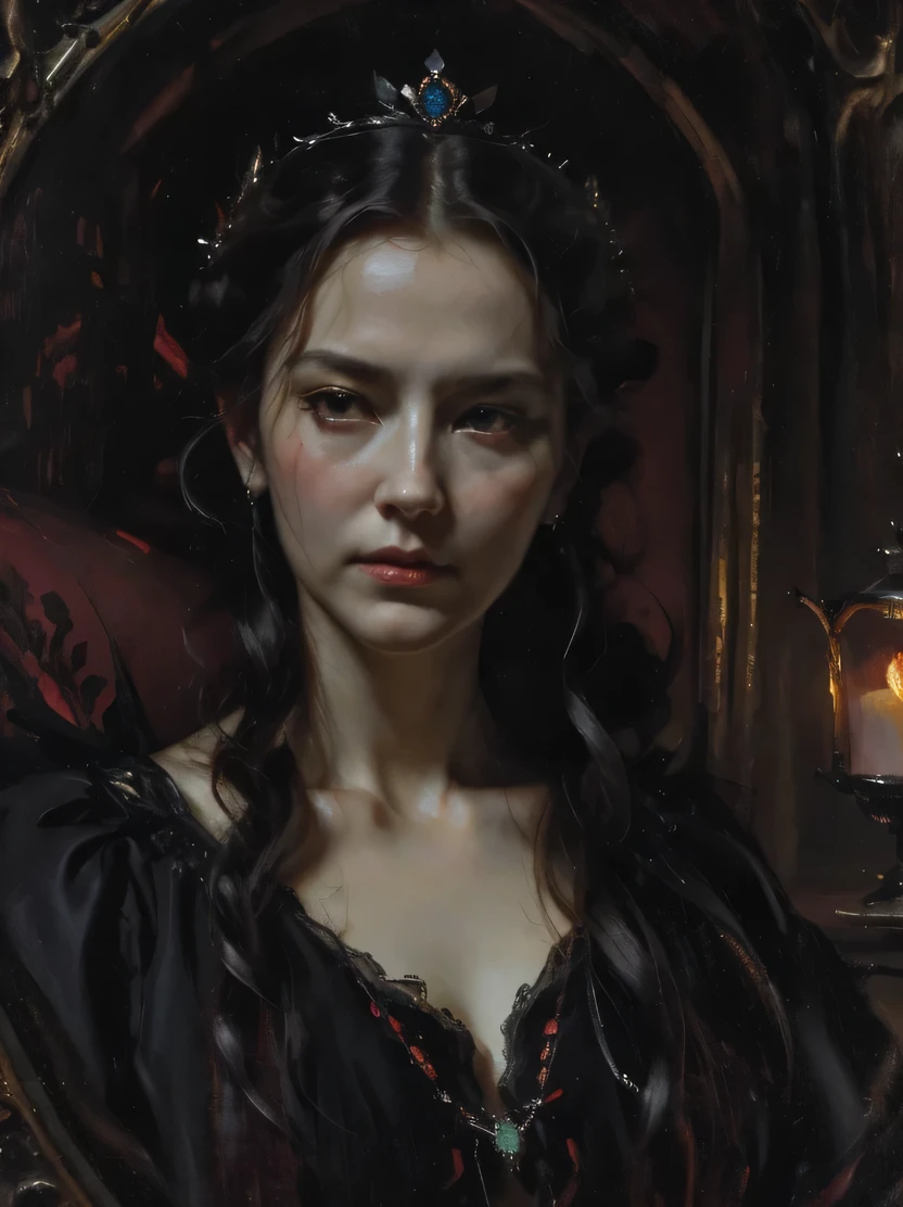 ((masterpiece、highest quality、Very detailed、High resolution、Sharp focus、Cinema Lighting))、(1 female、Bust Shot、Face Light))、Adult woman in her 40s、A stunning portrait of an exiled queen、Persephone, Queen of the Dead、Lilith、Captivating woman、There is elegance、Jewelry and Accessories、The cruel queen of the night、Black tone、Mysterious horror、Gothic、darkness、none、Black Ghost、Immortal Soul、Strict atmosphere、Solemn atmosphere、Oil painting、((View your viewers))、masterpiece