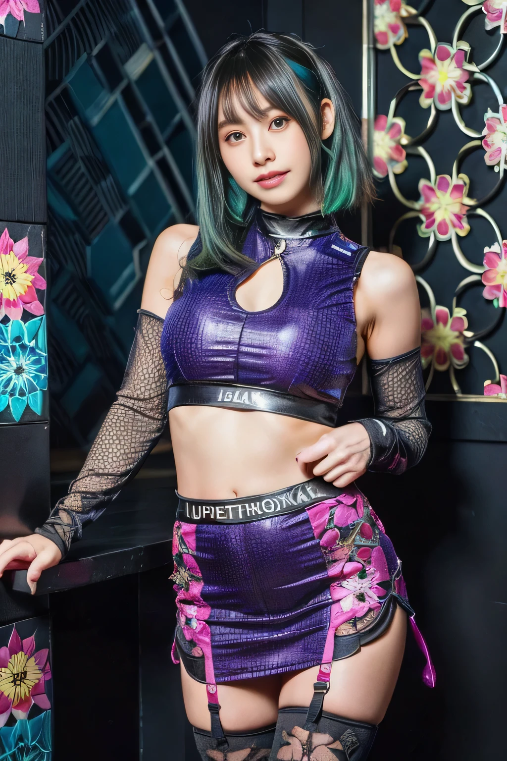 (best quality:1.2),(ultra detailed,highres,HDR,8k,3D,realistic,photorealistic,super fine,effects,official art,detailed background), (very happy smile,young,Japanese,detailed beautiful face), (Happy days),(round face,small face beauty), (dynamic pose:1.3), (head to thighs:1.3), (Pink Long Hair: 1.3), (Azure Lane\), One Girl, (Kpop Idol), Watch Audience, Detailed Face, Contrappost, Smooth Skin, Perfect Anatomy Professional Lighting, Futuristic Fashion, Streetwear, High-Tech Fabric, Racing Suit, Fireproof Material, Elbow and knee pads, racing gloves, personalized embroidery, mini skirt, belly button, long hair, emerald green hair, light blue hair, blue-green hair, Suzuka circuit, circuit home straight, race track, international circuit, SUPERGT, big breasts, big, race queen, side tail, face not cut off(colorful flowers:1.3), (zentangle;1.5), (mandala:1.5), (entanglement:1.5),(Penrose tiling background:1.5)