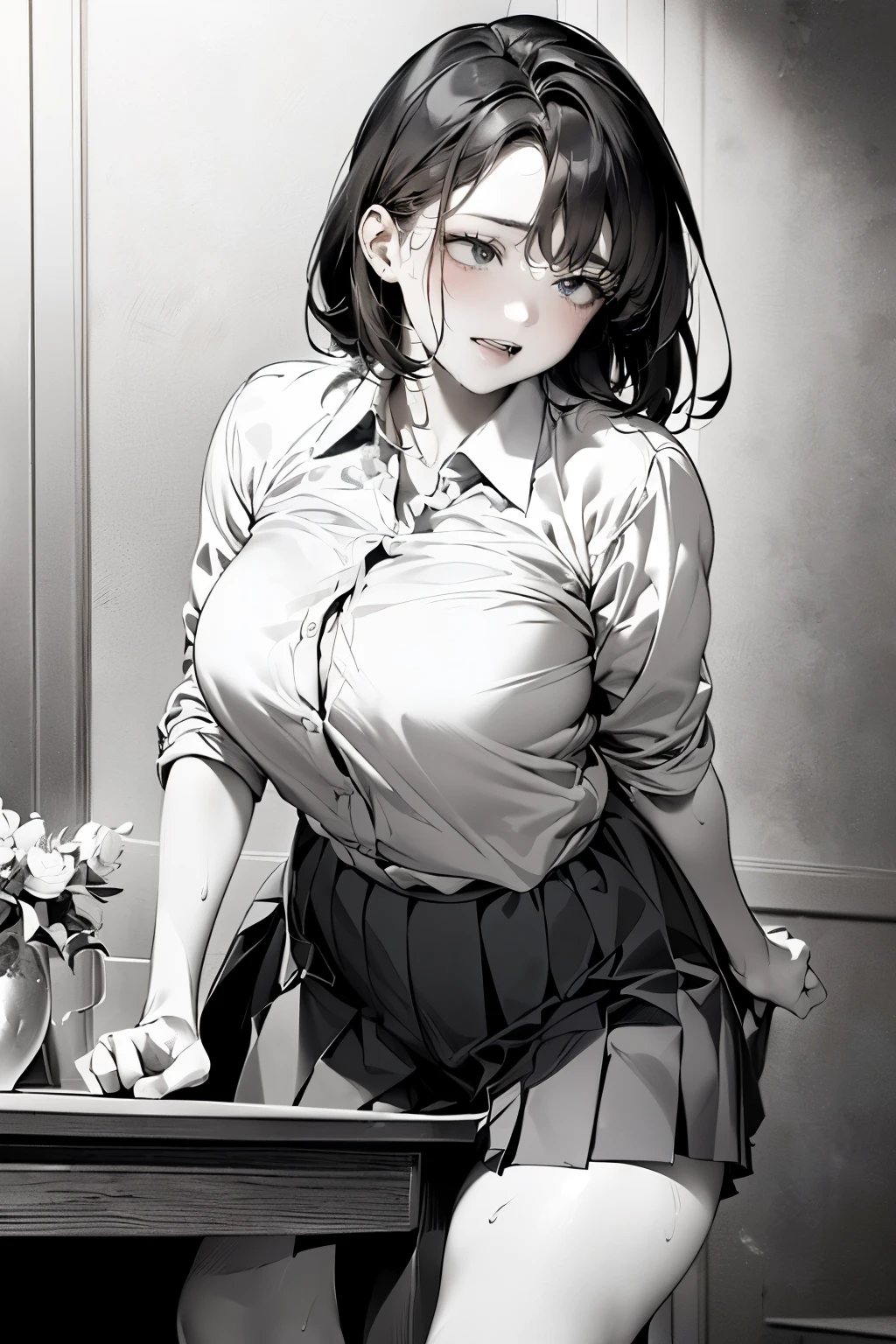 (depicting a single moment from a manga for adults), ((manga-style line art background)), ((pleated skirt, round face, eyes with realistic sizing, drooping eyes, blush, sweat, shame smile, thin lips, spread legs)), (((standing to hit her crotch the corner of the table, orgasm))), open mouth, on the sidewalk, terrace table,