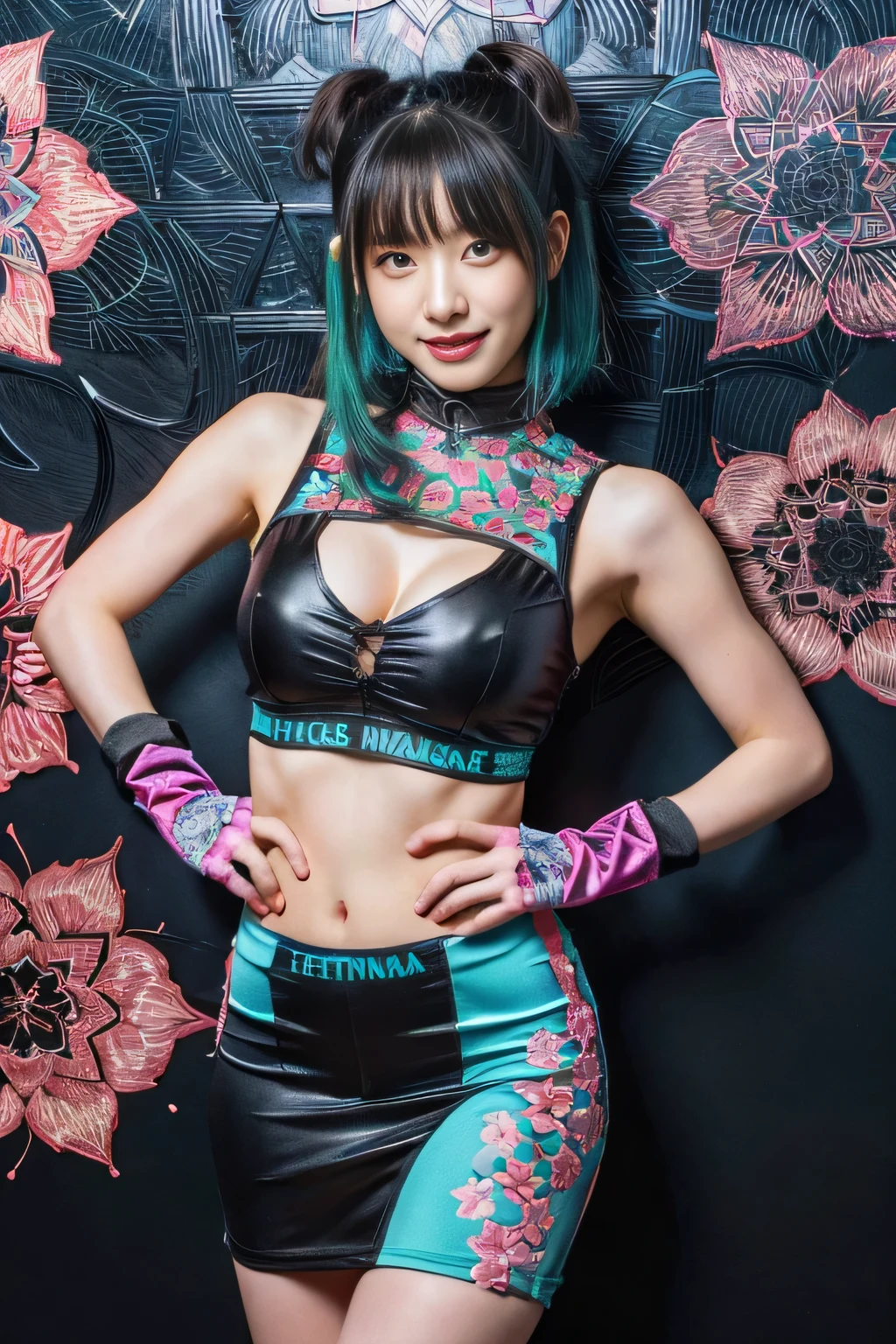 (best quality:1.2),(ultra detailed,highres,HDR,8k,3D,realistic,photorealistic,super fine,effects,official art,detailed background), (very happy smile,young,Japanese,detailed beautiful face), (Happy days),(round face,small face beauty), (dynamic pose:1.3), (head to thighs:1.3), (Pink Long Hair: 1.3), (Azure Lane\), One Girl, (Kpop Idol), Watch Audience, Detailed Face, Contrappost, Smooth Skin, Perfect Anatomy Professional Lighting, Futuristic Fashion, Streetwear, High-Tech Fabric, Racing Suit, Fireproof Material, Elbow and knee pads, racing gloves, personalized embroidery, mini skirt, belly button, long hair, emerald green hair, light blue hair, blue-green hair, Suzuka circuit, circuit home straight, race track, international circuit, SUPERGT, big breasts, big, race queen, side tail, face not cut off(colorful flowers:1.3), (zentangle;1.5), (mandala:1.5), (entanglement:1.5),(Penrose tiling background:1.5)