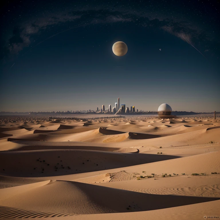 desert with a futuristic city in the distance and 4 moons in the sky