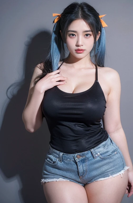 21yo girl, blue hair, (twintail Hair). Bitting her lower lip while closing her eye,Wearing orange oversize t-shirt,, show shoulders, cleavage, show big thigh, natural big brseast,hands holding breasts,plumpy body, standing cute pose