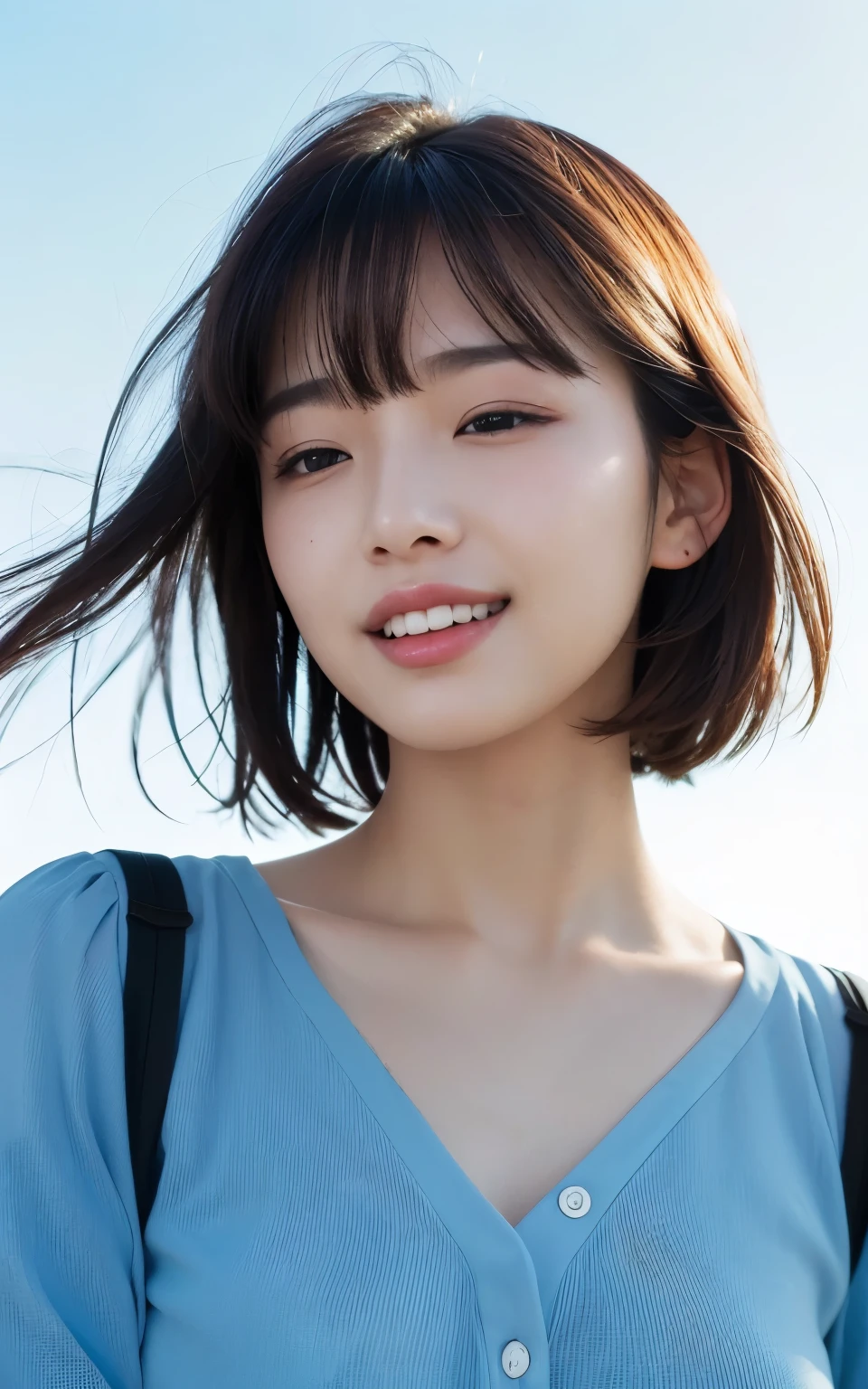 (Realistic:1.4), (Surreal:1.4), (Smooth lighting:1.05), 1 girl, Mouth closed, Laugh a little,  Pure beauty, 22 years ago, Soft lighting, Backlight, (最high qualityのリアルな肌の質感), Narrow eyes, Very detailedな顔, Glowing Skin, retina, Anatomically correct, Acura, Very detailed, Rough skin, high quality, Advanced Details, 最high quality, High resolution,Under the refreshing blue sky, Short hair swaying in the wind, bangs, blouse