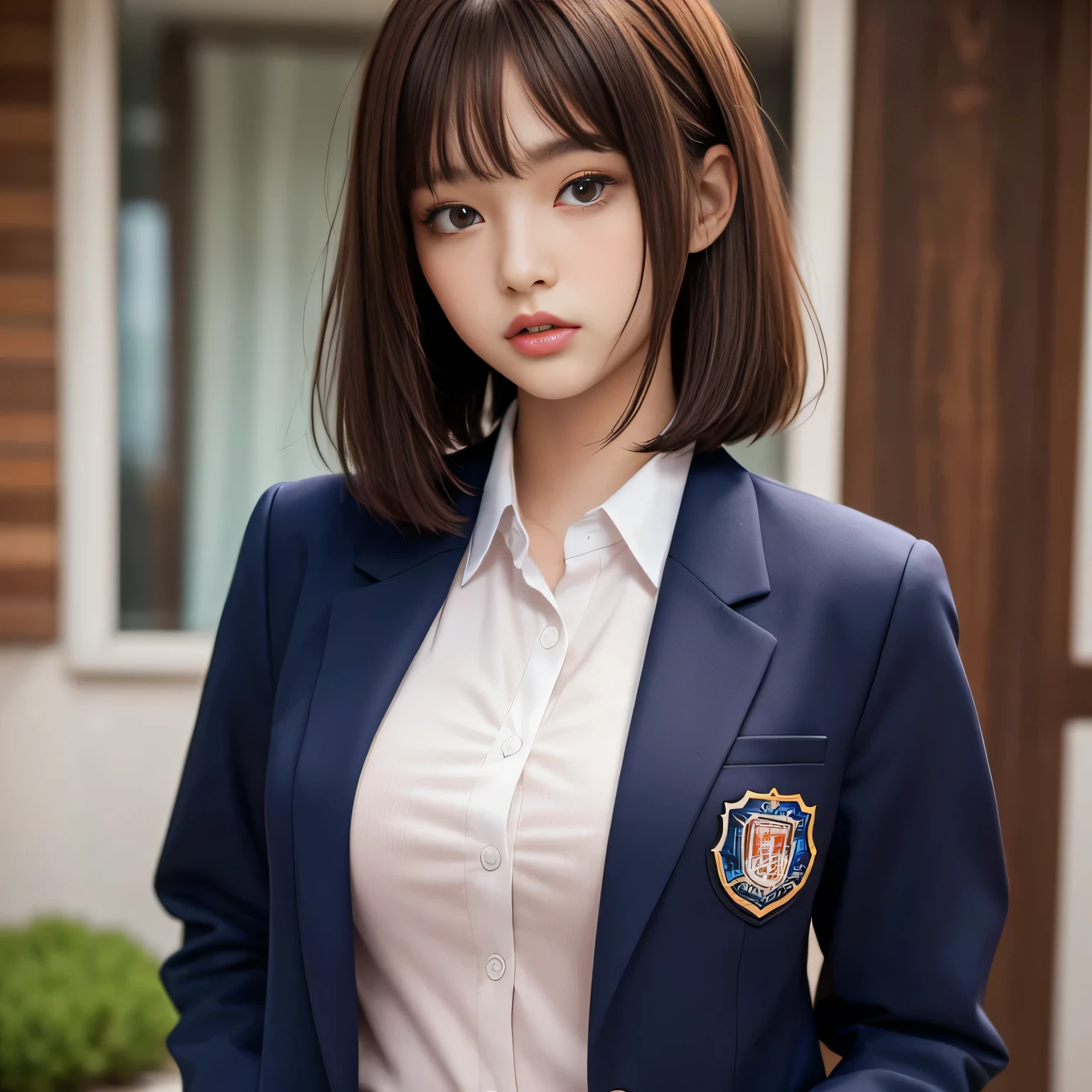 18 year old high school girl、Blazer uniform、Ultra-high resolution、Powerful Images、8K Slender Woman、Super big 、Brown hair short bob