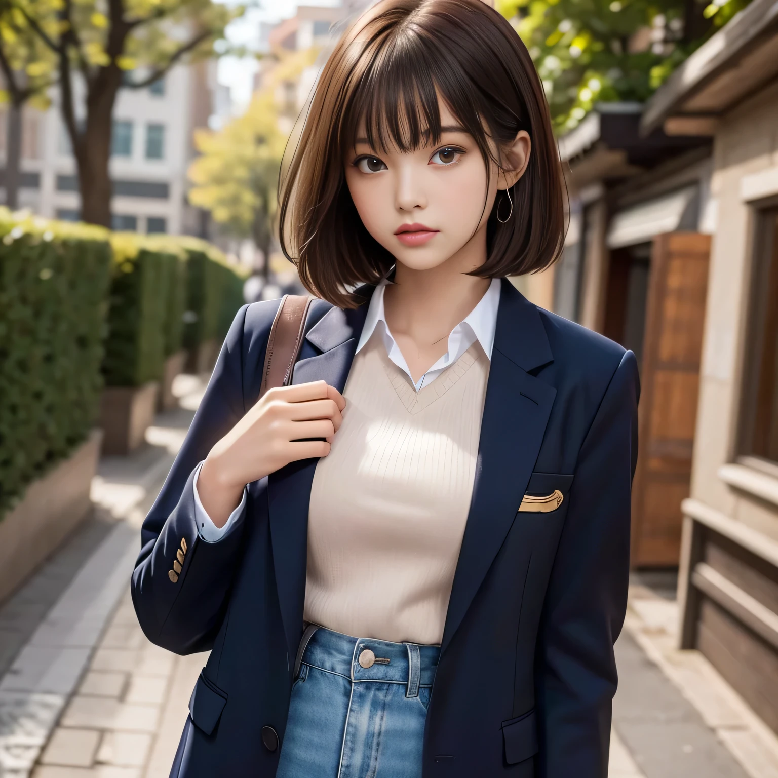 18 year old high school girl、Blazer uniform、Ultra-high resolution、Powerful Images、8K Slender Woman、Super big 、Brown hair short bob