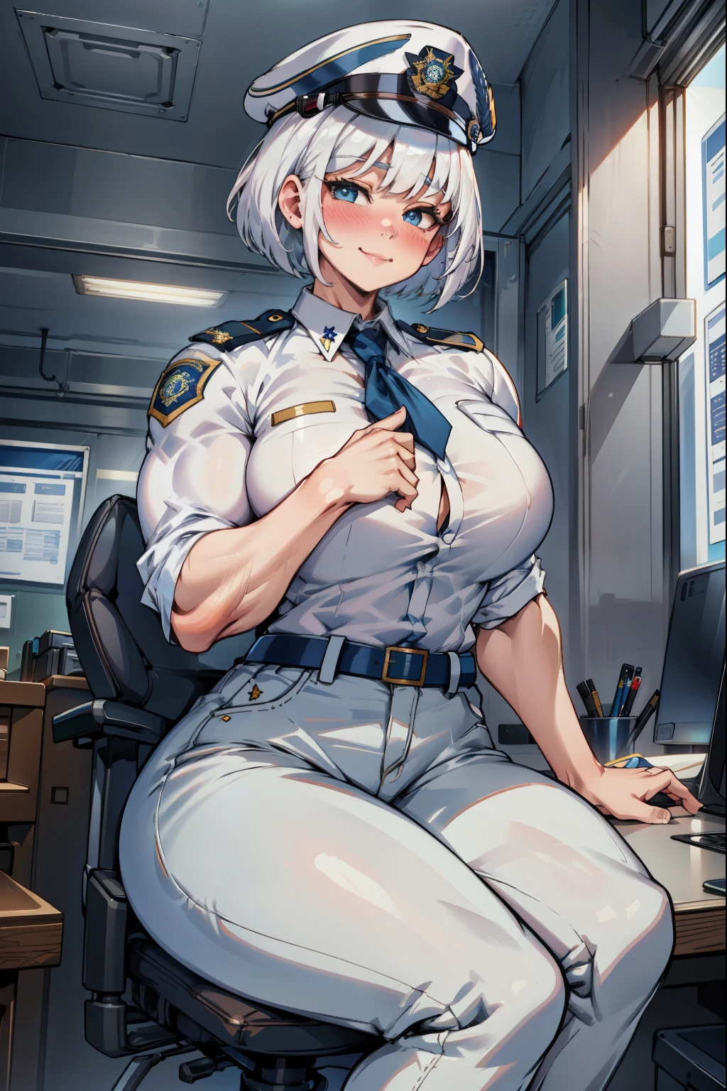 hyper muscles, (extremely detailed CG unity 4k wallpaper),(masterpiece),(best quality),(ultra-detailed),(best illustration),(best shadow),(absurdres),(Detailed background), White hair (Bobcut), Tall, pale skin, Blue eyes,Navy blue Police Officer uniform (Pants, Shirt, Hat, Badge,), contemporary aesthetic, police station office background, Close up, Shy smile, Blushing, Sitting,