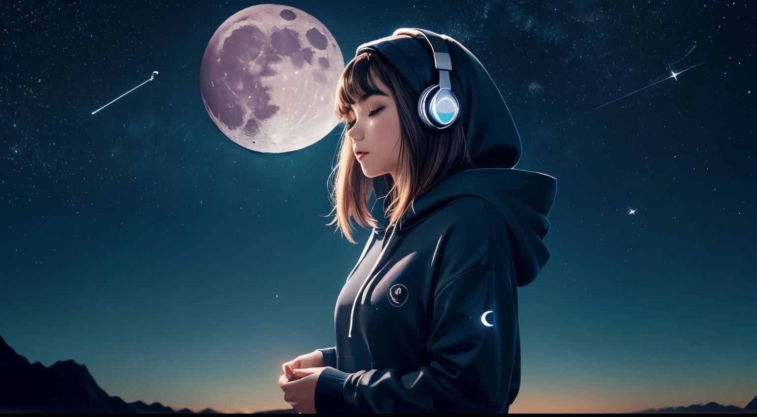 (Comfortable space, Vision of Nature, performer, moon,constellation,color)
(girl looking to the sky pointing the moon,Headphones,hoodie.)