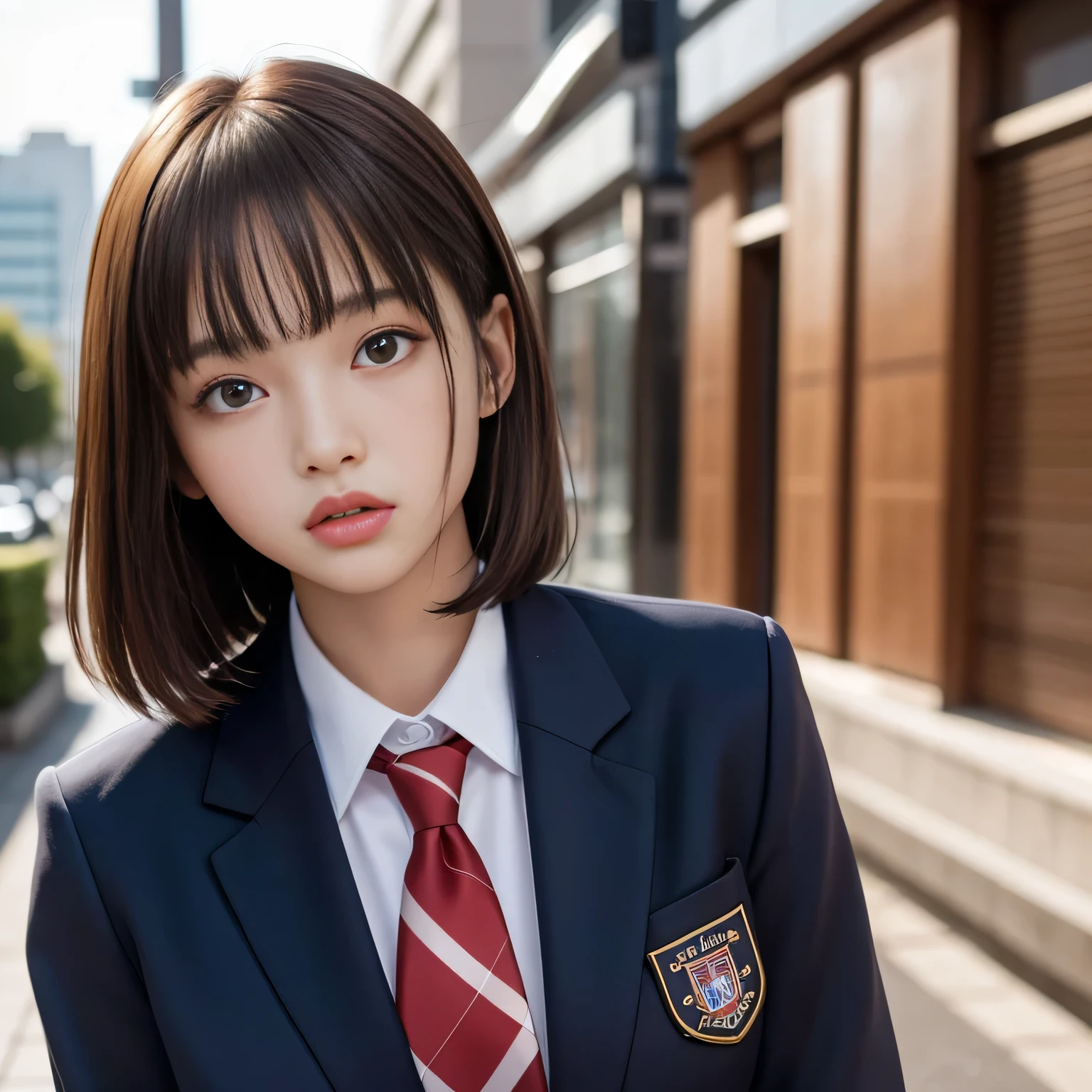 18 year old high school girl、Blazer uniform、Ultra-high resolution、Powerful Images、8K Slender Woman、Super big 、Brown hair short bob