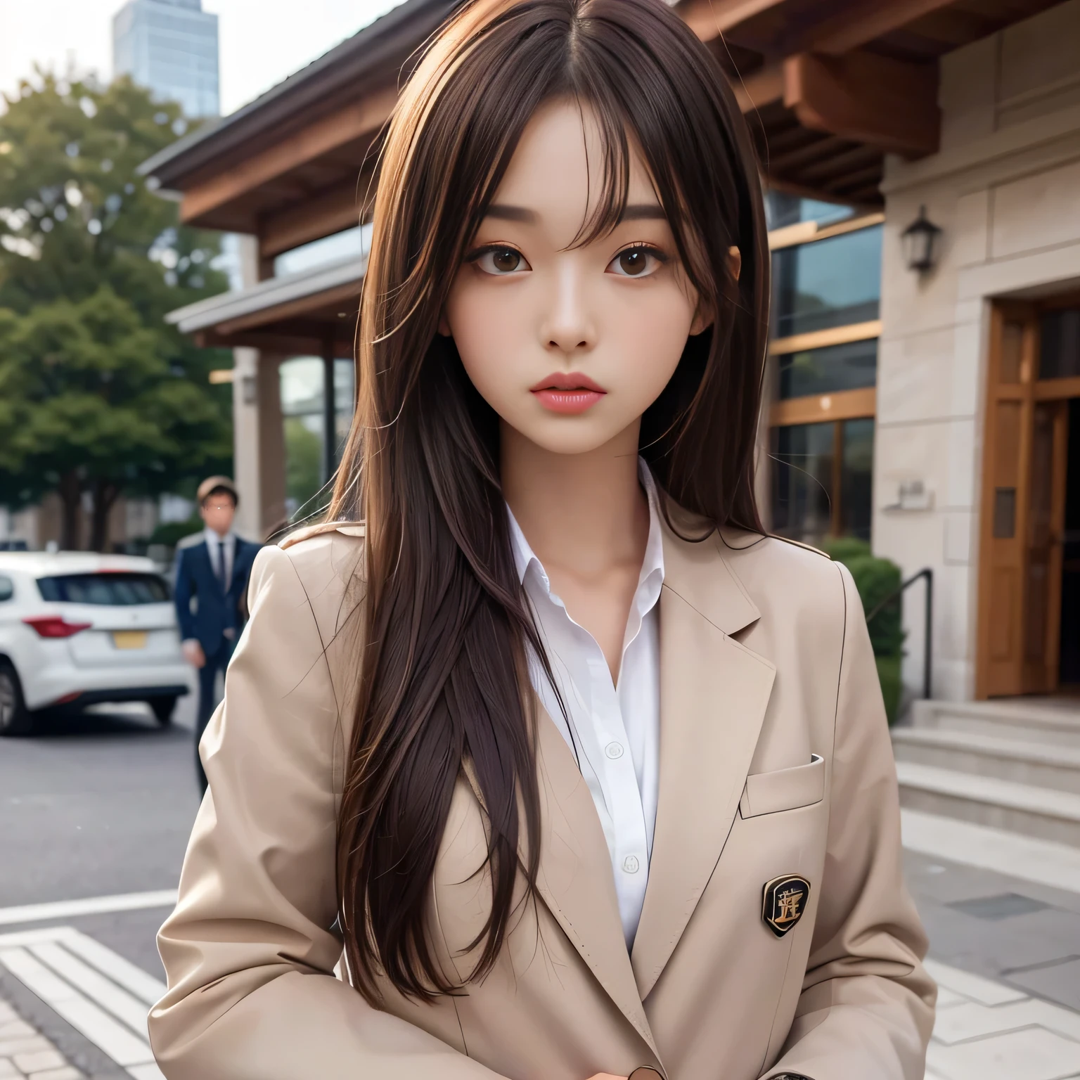 18 year old high school girl、Blazer uniform、Ultra-high resolution、Powerful Images、8K Slender Woman、Super big 、Brown hair short bob