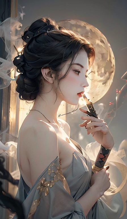 (moon:1.4),(Bare shoulders:0.85), ((nude:1)),(nude胸部:0.55), (Glowing atmosphere, Fascinating light, Luminous lighting, Ethereal atmosphere, Fascinating light, Evocative shades, Attractive colors, Dramatic Lighting, Enchanting aura),(1 Girl:1.4), ((Solitary)), masterpiece,best quality, 1 Girl,(Holding a long sword),
(Smoky:1.1),(Dynamic smoke everywhere:1.4),(Upper Body:1.2),((nipple:0.55)),