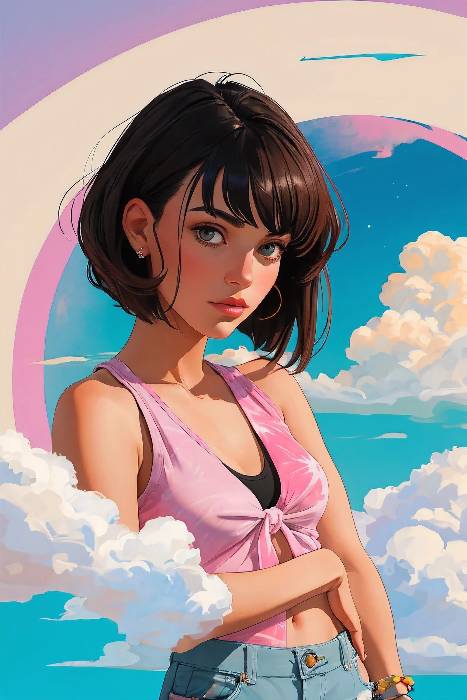 portrait of 1girl solo, Comb-Over Fade with Hard Part, Festival Hippie: Fringe vest, tie-dye tank top, shorts, and sandals.
Celestial Palace in the Clouds,
masterpiece, immaculate, highly detailed, detailed,