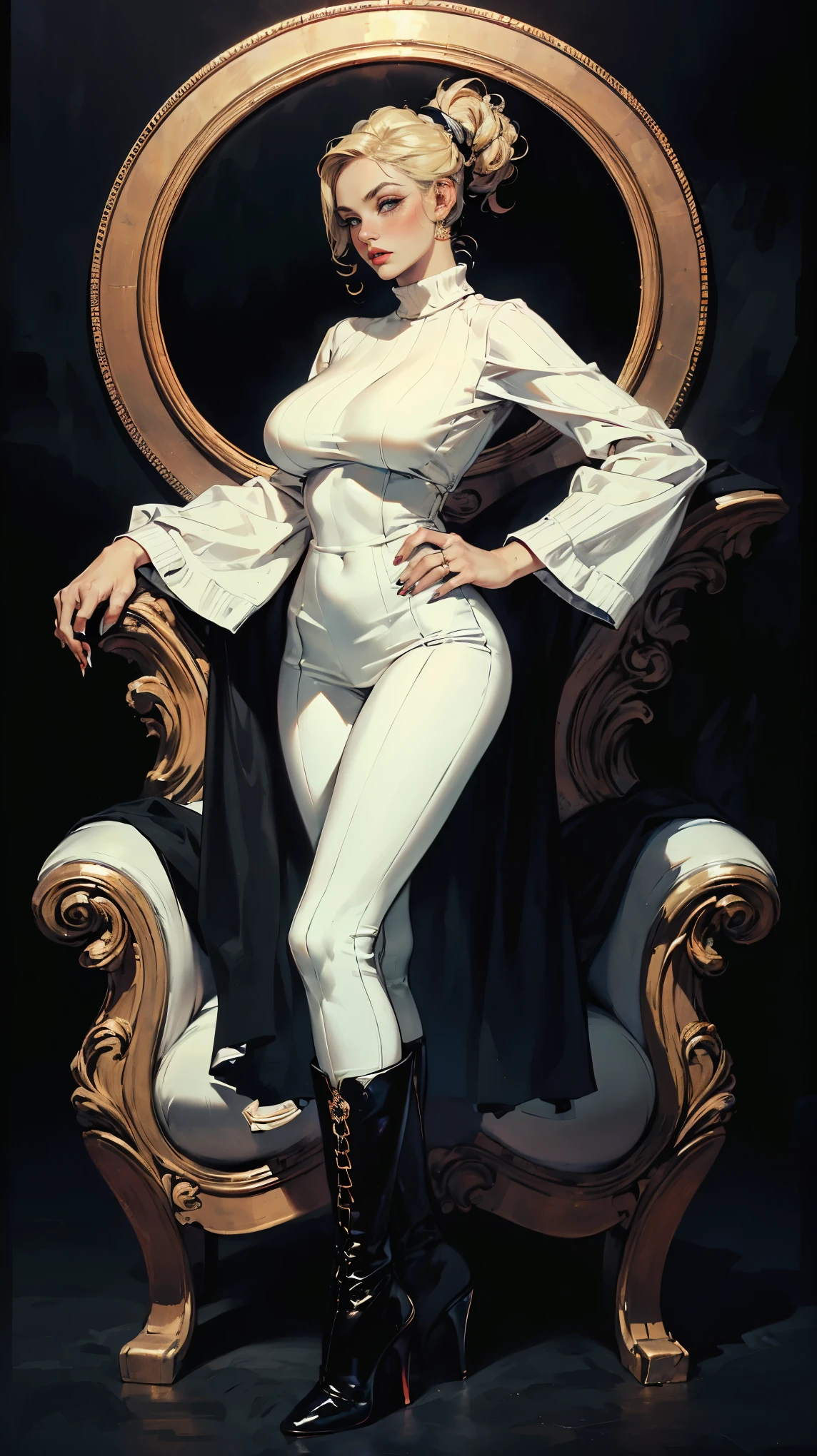 (Best quality, 4K, high resolution, masterpiece:1.2), ultra-detailed, realistic (photo-realistic:1.37), 40 years old, Russian woman, Matriarch of the Russian Mafia Gang, ambitious, elegance, calm, charming, intimidate, (blonde hair, power ponytail hairstyle), perfect lash, perfect makeup, sun-tan skin, expressive blue eyes, wine lips, mature woman charms, seductive allure, perfect hourglass body shape, long toned legs, flat abs, perfectly round E cup breasts, very Tall, slim, with peachy hips, ((Wearing Long Sleeve Turtleneck sweater with matching black pants)), ((long lacquer high heel Boots)), Background featuring luxurious penthouse.