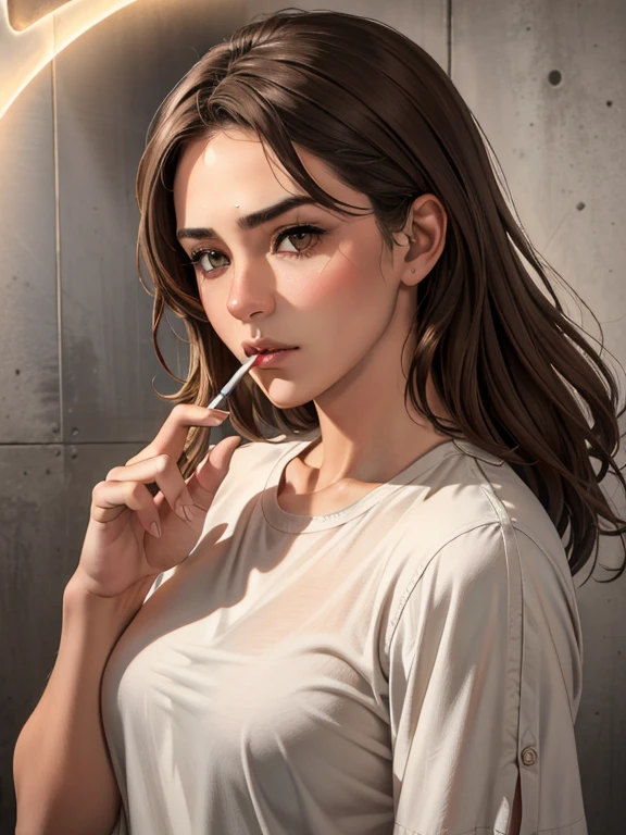 (best quality,4k,8k,highres,masterpiece:1.2), ultra-detailed, (realistic,photorealistic,photo-realistic:1.37), a cool-toned girl in a grayish earth-tone shirt with her right index and middle fingers holding a cigarette, cool brown eyes, annoyed expression, wearing a grayish earth-tone shirt, holding a cigarette between her index and middle fingers, cool brown eyes, annoyed expression