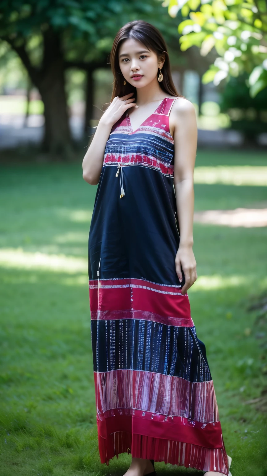 ((upper half photo)), photo realistic, photo real, masterpiece, best quality, ultra detailed, perfect light, perfect composition, soft sun light, outdoor, cinematic feels, 1 girl, long black hair, standing and looking at the viewer, upper half photo, 8k, full HD, wearing ((Karen traditional outfit)).