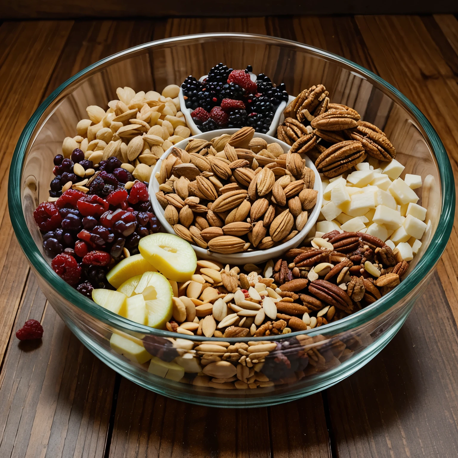 Make photo of a transparent bowl that is full with mixed nuts, mixed berries, dried fruits and vegetables. The photo should be taken from upper portion of the bowl
