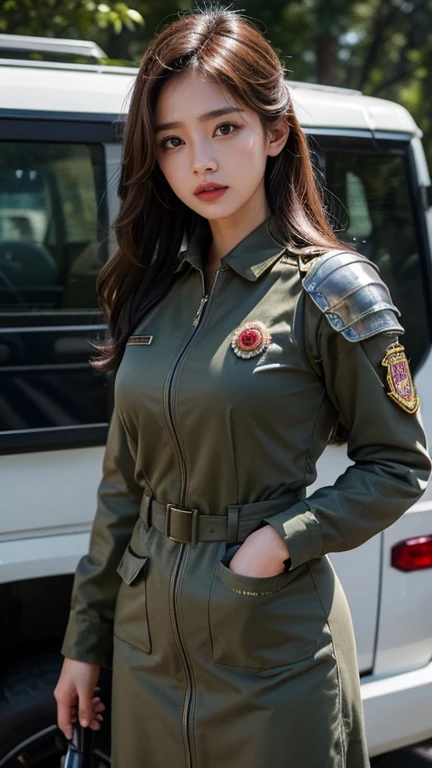 8K, Highest quality, very detailed:1.37), Eliana, ((20 years)), beautiful korean girl, ((Standing proudly in military uniform)), It represents her role as a soldier.. She wore a form-fitting purple dress.. High-resolution images capture detailed realism., highlighting Eliana's determined expression, Eye piercing, and confident demeanor. The bacKdrop showcases an forest, Increase the authenticity and importance of the image.. This visually striKing representation showcases Eliana's strength and dedication as a soldier, cute Knees, LaKe, ((pine)), ((detailed face)), ((perfect shape)), ((fine hair)), ((Set details)), TanKer, army vehicle, ((Kรื่องยิงขีปนาวุธ S-500)), ขีปนาวุธถูกยิงออกจากKรื่องยิง, K, armored car, ((PinK rose flower in Hand)), (( Detailed bacKground)), ((detailed sKin)), ((detailed armored car)), Stylish looK, 