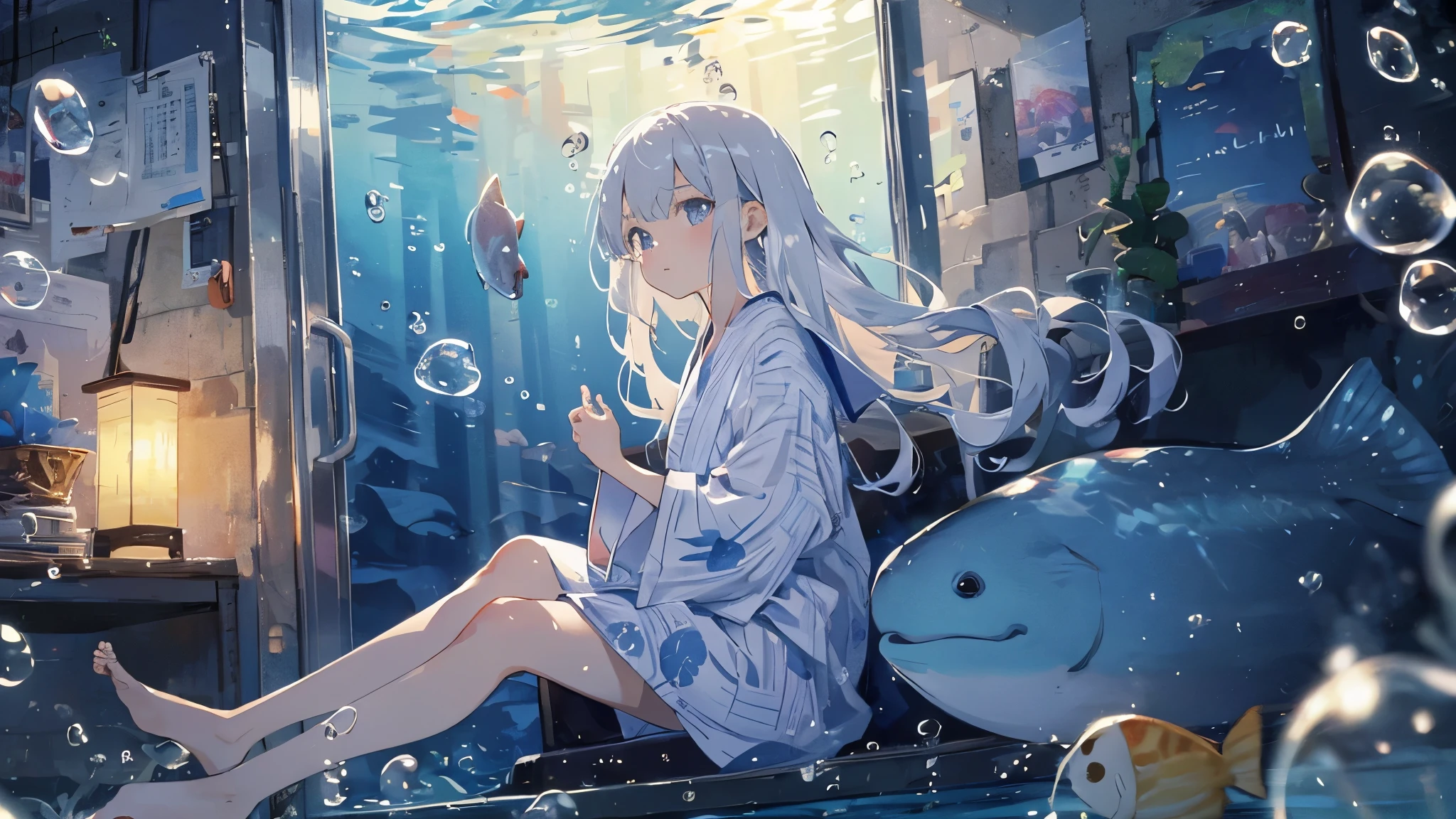 (masterpiece:1.3),(highest quality:1.2),8k,Confused,unity 8k wallpaper,(Very detailed:1.3),the best,High resolution,wonderful,shape,Beautiful studio soft light,Stunningly beautiful,incredibly Confused,Crisp details,Cinema Lighting,Moody lighting,Pixiv,Awards, Professional, Very detailed,Face in perfect detail,14 years old、
transportation facilities_Against_window, 1 girl, alone, Colorful long silver hair, スカイブルーのyukata, yukata, Sitting, , Gray Hair, pleated yukata, barefoot, serafuku, fish, Apparition, 器物のspirit, spirit, bird, bubble, Blue Theme, (Underwater:1.2), (air bubble:1.3), Inside the train, (Surreal:1.2), (jellyfish:1.2), (whale:1.1),(fish:1.2),Blurred foreground,