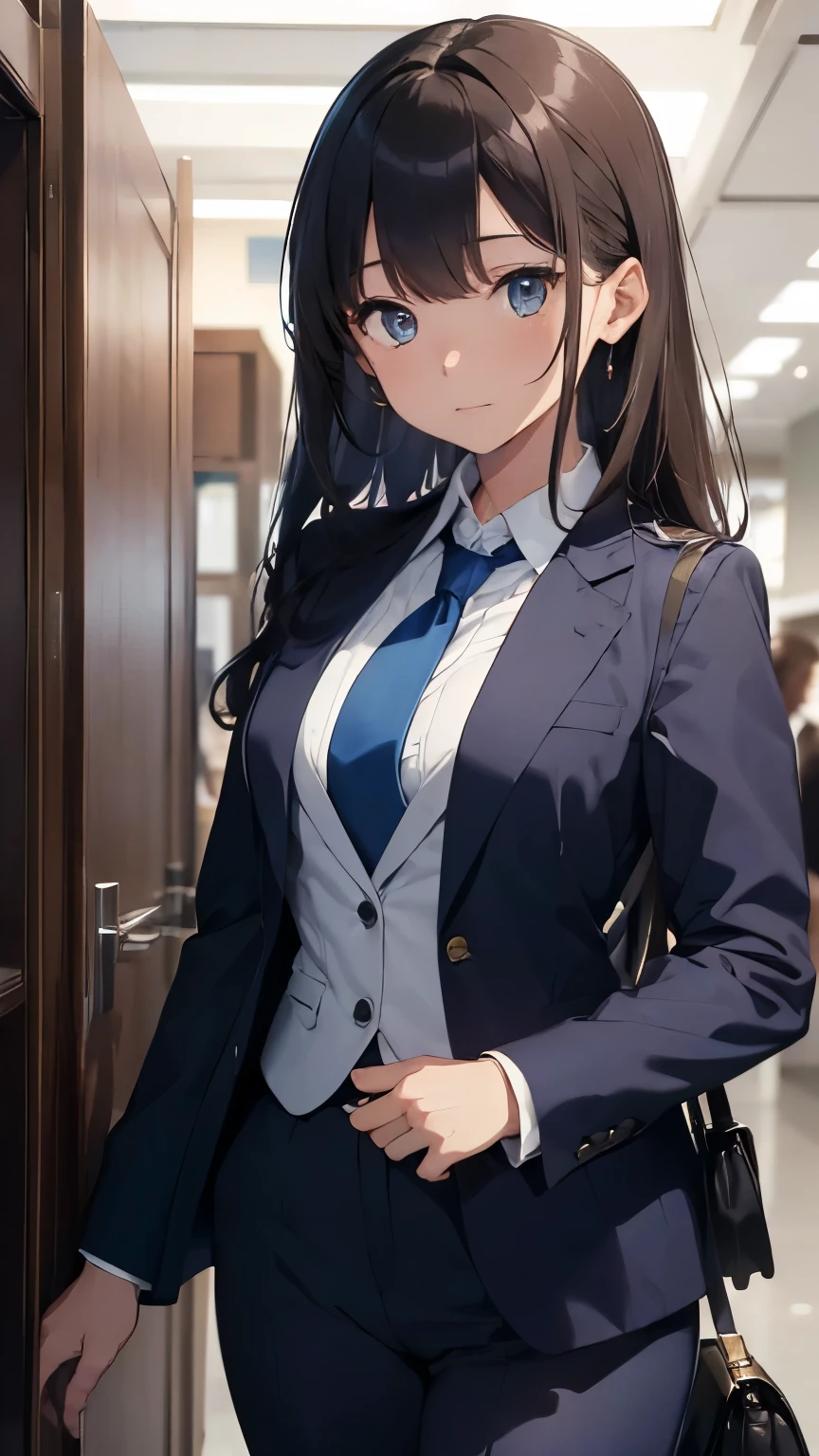 ((masterpiece)), (textured skin), ((high details)), best quality, award winning, 8k, ((beautiful woman)), beautiful lady in male clothing, (blue suit, brown tie), white shirt, ((three-piece suit)), brown hair, swept bangs, big hair, at office, lawyer, expressions