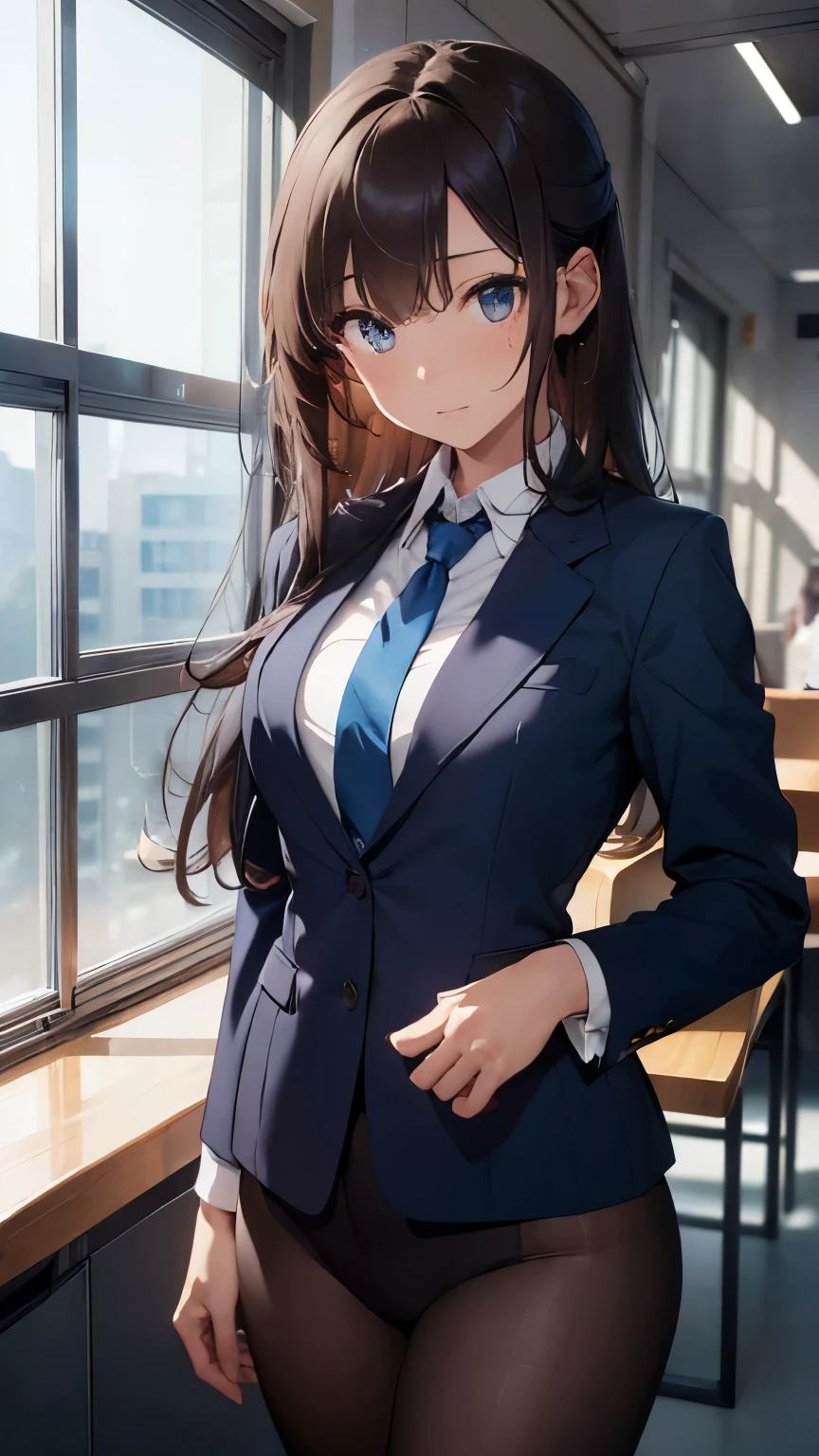 ((masterpiece)), (textured skin), ((high details)), best quality, award winning, 8k, ((beautiful woman)), beautiful lady in male clothing, (blue suit, brown tie), white shirt, ((three-piece suit)), brown hair, swept bangs, big hair, at office, lawyer, expressions