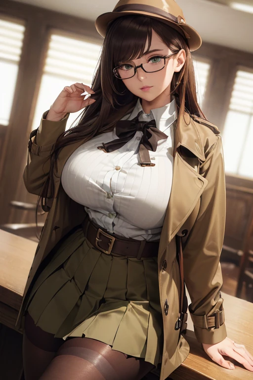 ((masterpiece)), (best quality:1.7), (detailed:1.4), (high res:1.4), 8k, (colorful:1.5), high resolution, sharped image, 4k, hd, (beautiful detailed background:1.2), (beautiful lighting:1.2), (highly detailed:1.2), perfect lighting, (8k wallpaper:1.2), (highly detailed:1.2), (extremely detailed CG:1.2), ((dark brown medium long straight hair with bangs covering an eye)), (hair bangs covering one eye), ((only dark brown hair)), ((DD bust)), ((busty)), curvy figure, (((hazel-green eyes))), (((detective outfit with brown tan trench coat and loose button blouse and a long length hazel-green pleated skirt and long stockings))), glasses, hat, serious expression, mature, ((30 year old)), human adult, tall, fullbody