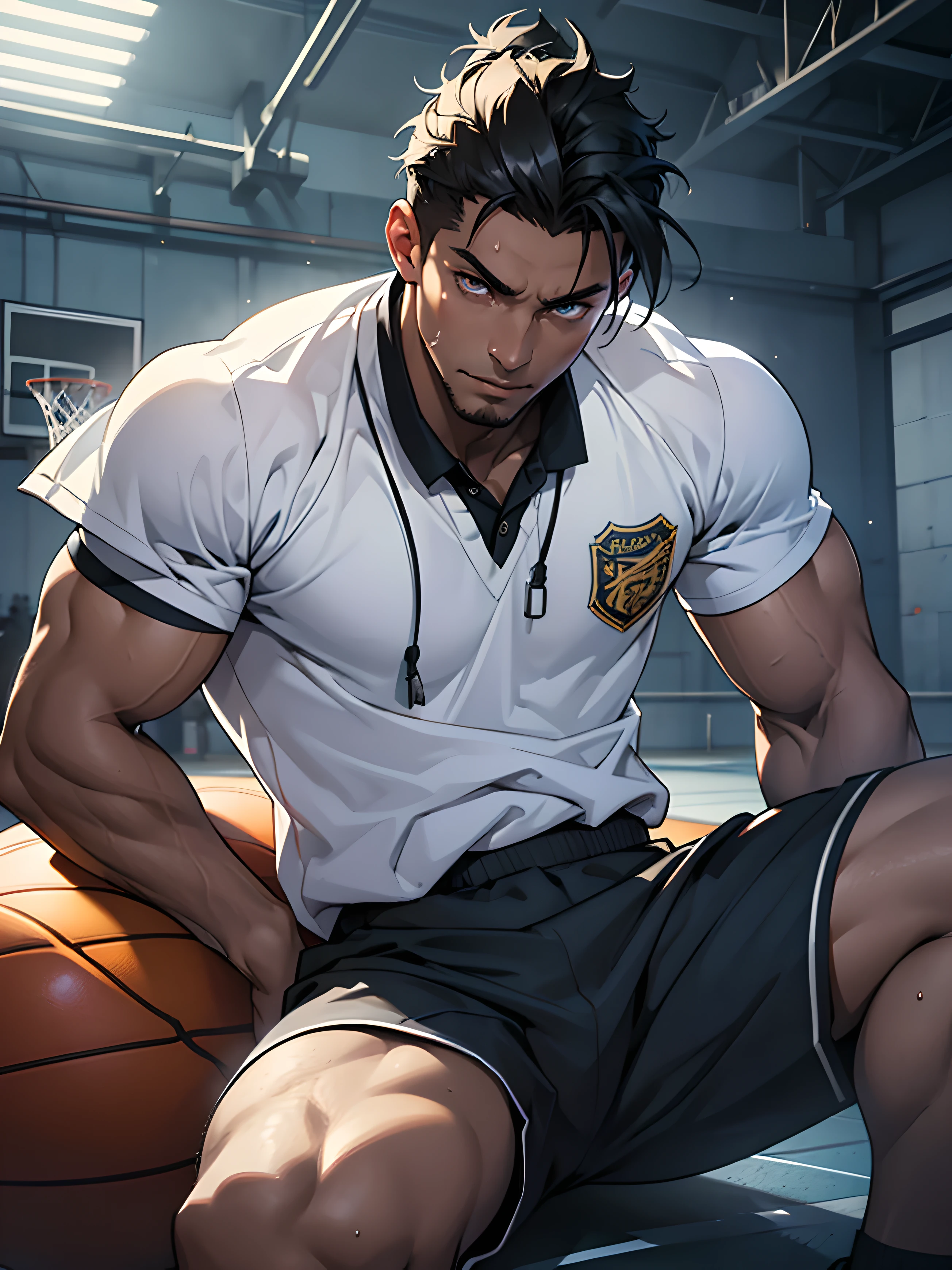 (intricate design)) Top quality, 16K, High Definition, 16K splash art, high res, ultra sharp, ((masterpiece)), best quality, expressive eyes, perfect face, Super eyes, highly detailed exquisite character art, perfectly detailed anatomy, detailed body, large pecs, (((Volumetric lighting))) (((cinematic light))) male (((libido mature man))) alpha male, dominating, sassy, half recumbent, spread their legs, in a basketball court, , sweaty, school, storytelling images, dark skin, black hair, brown eyes, muscular, action pose,
