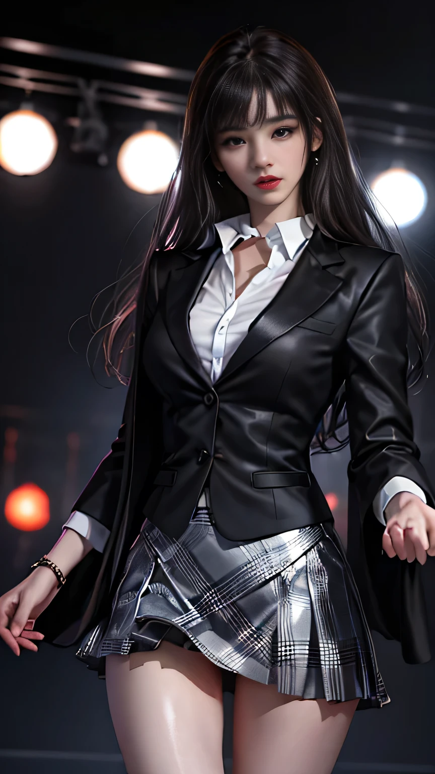 Girl portrait photography, Realistic, High resolution, 1 female, alone, Upper Body, Beautiful Eyes, Close your lips, detailed face, Gray Hair, Long Hair, Collared shirt, Red tie,Black Skirt, Pencil Skirt,, stockings,(Black lace panties are visible)(Super realistic)、(Awareness-raising)、(High resolution)、(8k)、(Very detailed)、(Best illustrations)、(Beautiful and detailed eyes)、(highest quality)、(Ultra-detailed)、(masterpiece)、(wall-）、（detailed face）、solo、1 girl in、View your viewers、Fine details、detailed face、Dark Night、Deep Shadow、Low Key、Pure Erotic Face Ace_v1、Laughter、length、Black shawl straight hair、46 point diagonal bangs,Female student、(White blazer chest)、Translucent white blouse、red bowtie、(Brightly colored mini skirts,Plaid)、Laughter,8k, highest quality, 超High resolution, Tabletop, Realistic, Realistic, High Contrast, Photon Mapping, The real picture, Super Detail, Low angle: 1.5, 1 girl, alone: 1.5, whole body, Concert venue stage at night: 1.5, Kpopstar, Kpop idol, Dressing up in K-POP style, sexy, Open your legs forward, Flashy makeup, blazer: 1.3, Short skirt: 1.3, Pair a blazer and skirt with high heels, tie, Thursday: 1.3, barefoot, High heels, M character opening leg: 1.3, Open your legs 180 degrees, Open legs: 1.3, length hair with brown hair, Wet white panties: 1.5, Panties visible from under the skirt: 1.3, expensive, Height: 170cm, Long legs: 1.2, face: 1.5, The Woman&#39;Thin shapes are clearly visible: 1.5, protruding from panties 1.2, witheout panties: 1.3, Textured skin