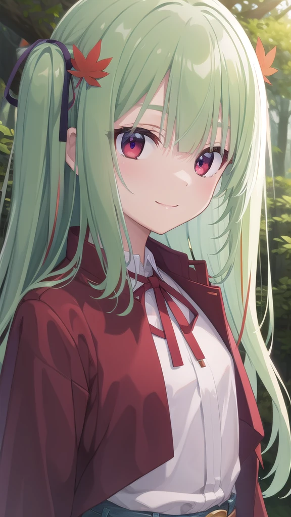 ((masterpiece)),(best quality),official art,Extremely detailed CG,Unity 8K wallpaper,Ultra Detailed,Beautiful and delicate eyes,Extremely detailed face,forest,nature,1 girl,solitary,Upper Body,(portrait:1.5),Looking at the audience,For the audience,(small:1.3),Smile,Everlasting,Murasame,Very long hair,Green Hair,Two sides up,Purple bow,hairpin,Side lock,Bangs,Red Eyes,Neck strap,Red belt,Black coat，Denim shorts，Maple leaves falling