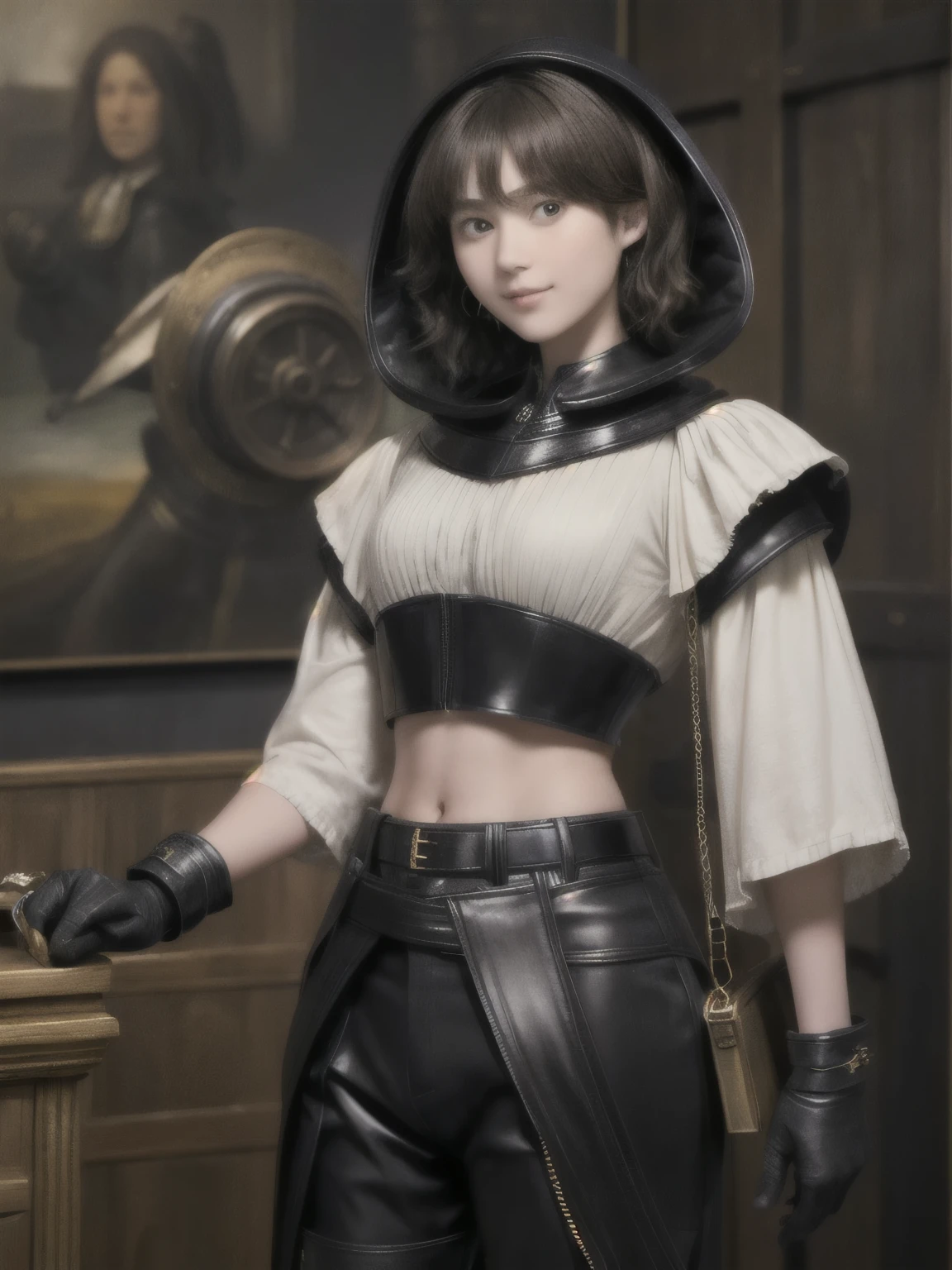 223 Short Hair, 20-year-old woman, A kind smile, (Luxurious stables), (Rembrandt-style painting), ((machinery suit,Clothes with short sleeves)),I can see your abs